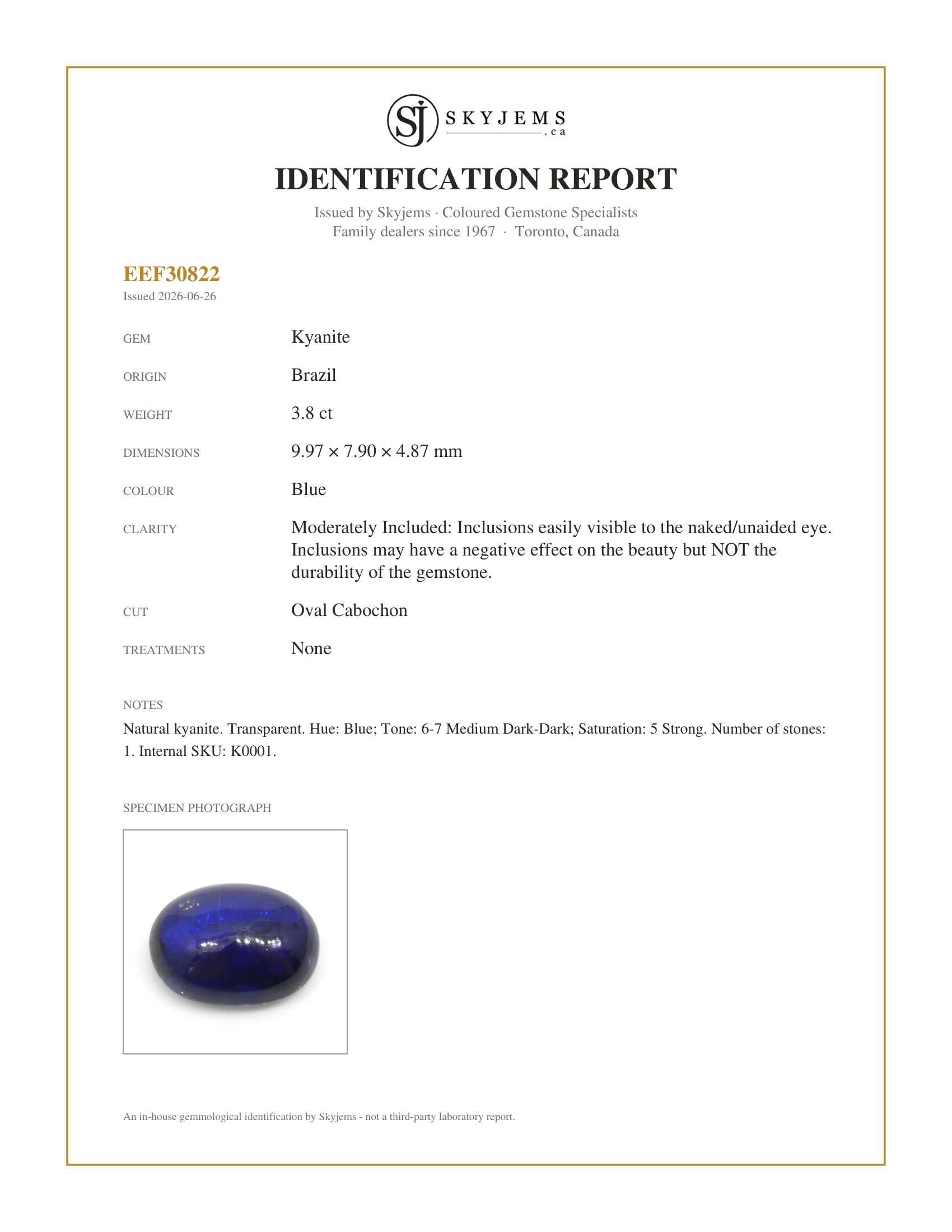 Skyjems Identification Report for K0001 — 3.8ct Oval Cabochon Blue Kyanite