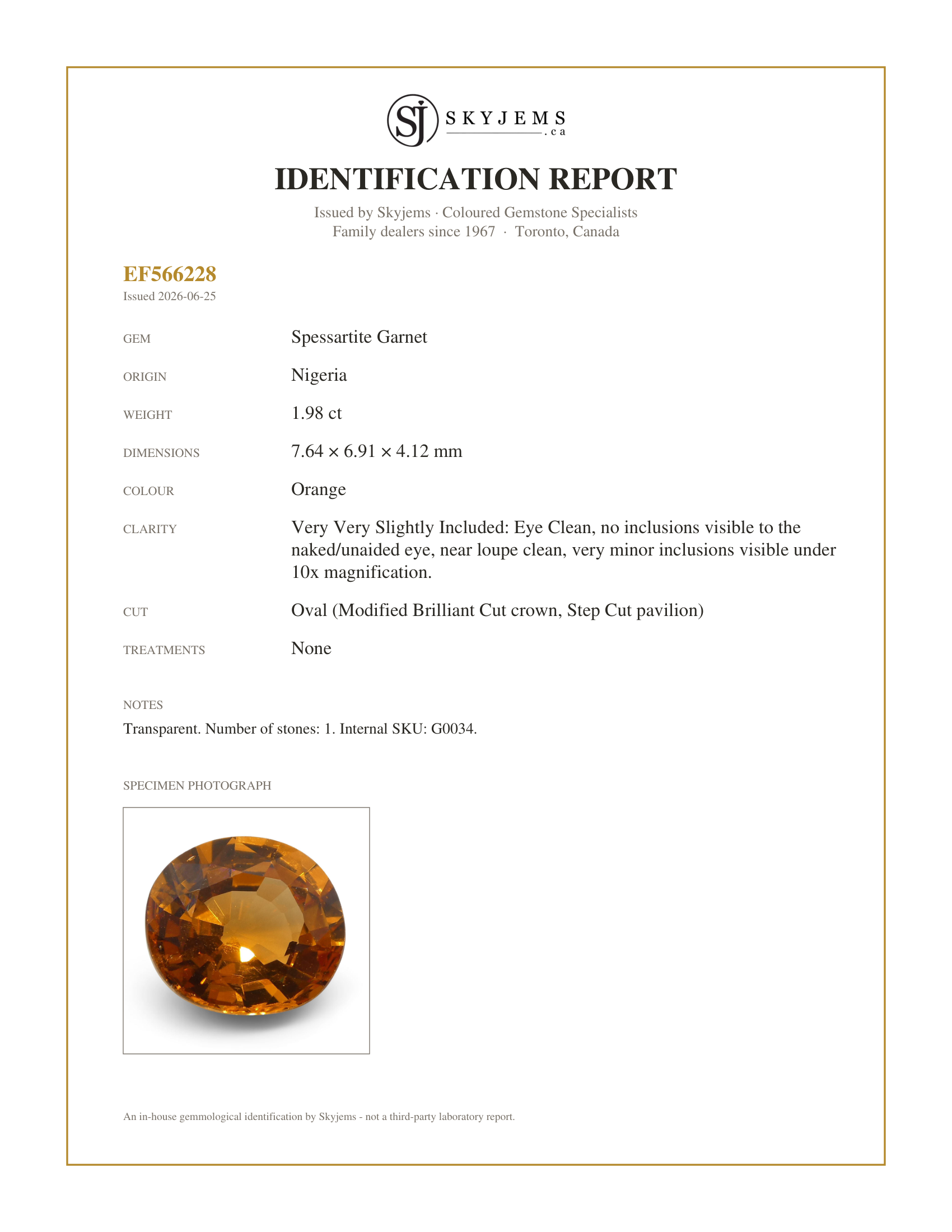 Skyjems Identification Report for G0034 — 1.98 ct Oval Vivid Fanta Orange Mandarin Spessartite/Spessartine Garnet