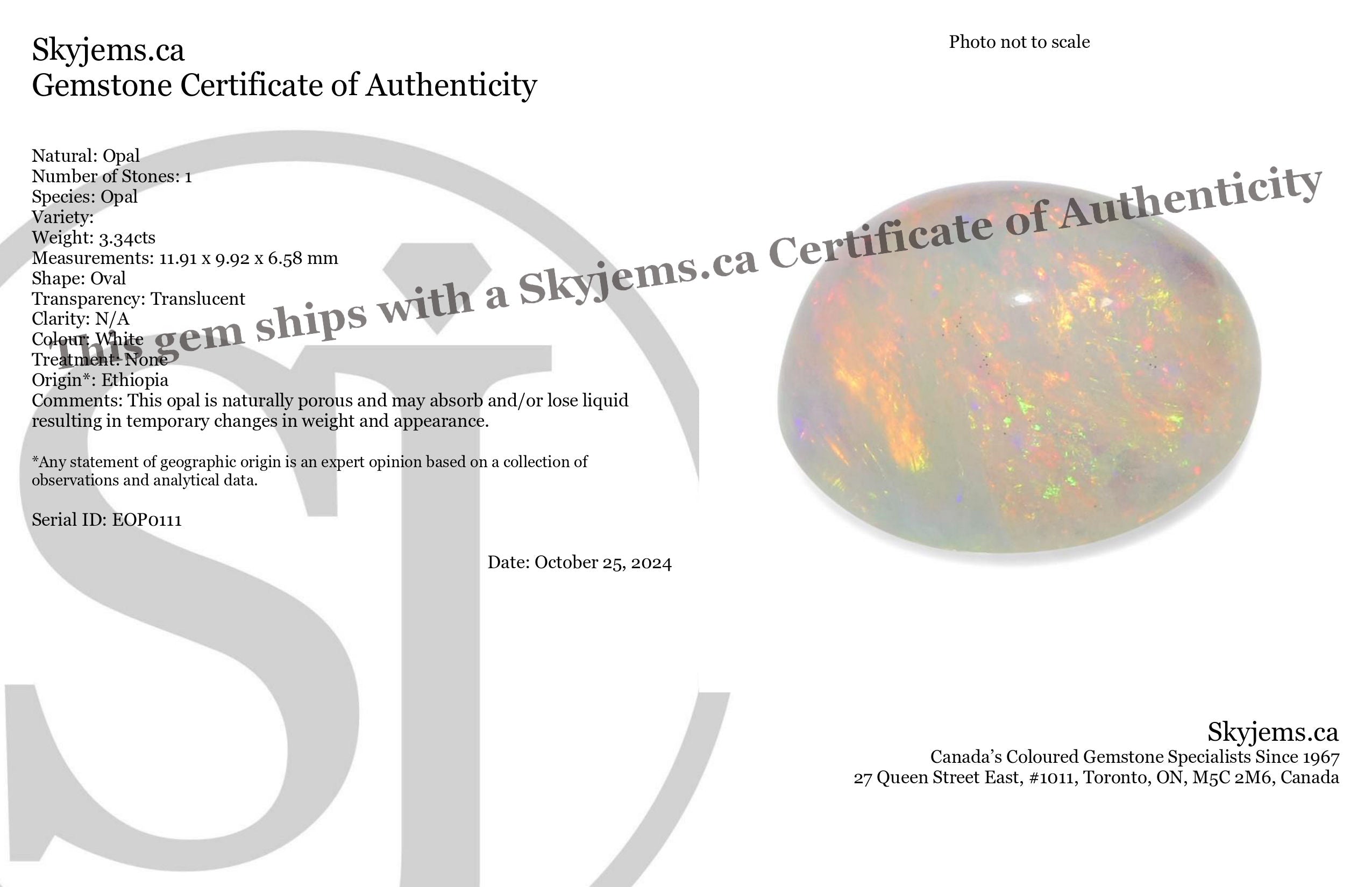 3.34ct Oval Cabochon White Welo Opal from Ethiopia - Skyjems Wholesale Gemstones