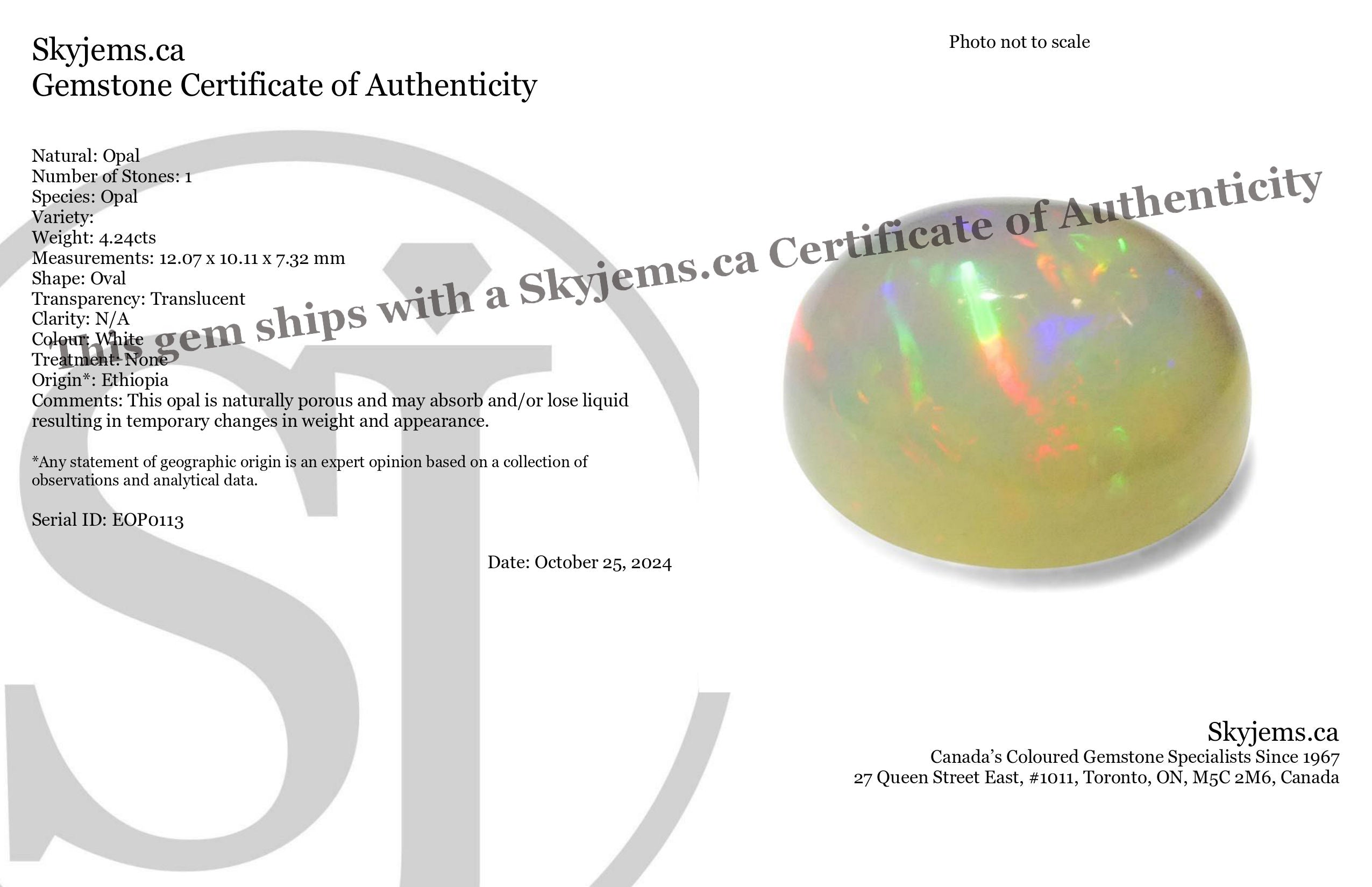 4.24ct Oval Cabochon White Welo Opal from Ethiopia - Skyjems Wholesale Gemstones