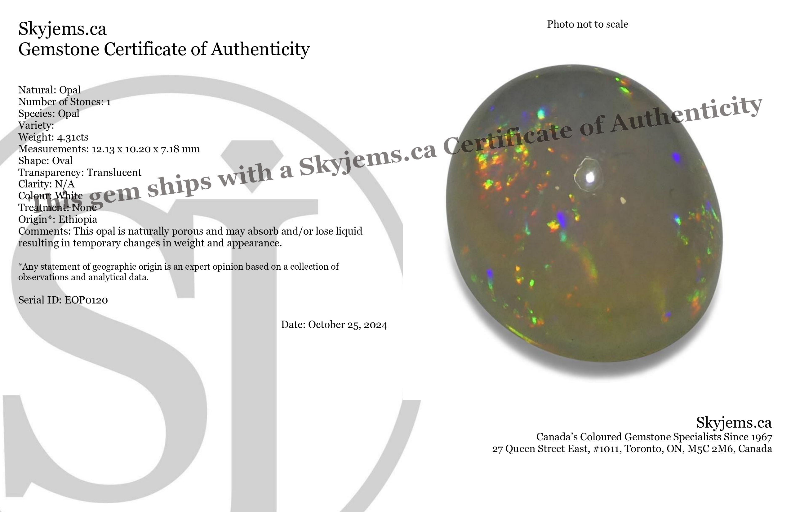 4.31ct Oval Cabochon White Crystal Opal from Ethiopia - Skyjems Wholesale Gemstones