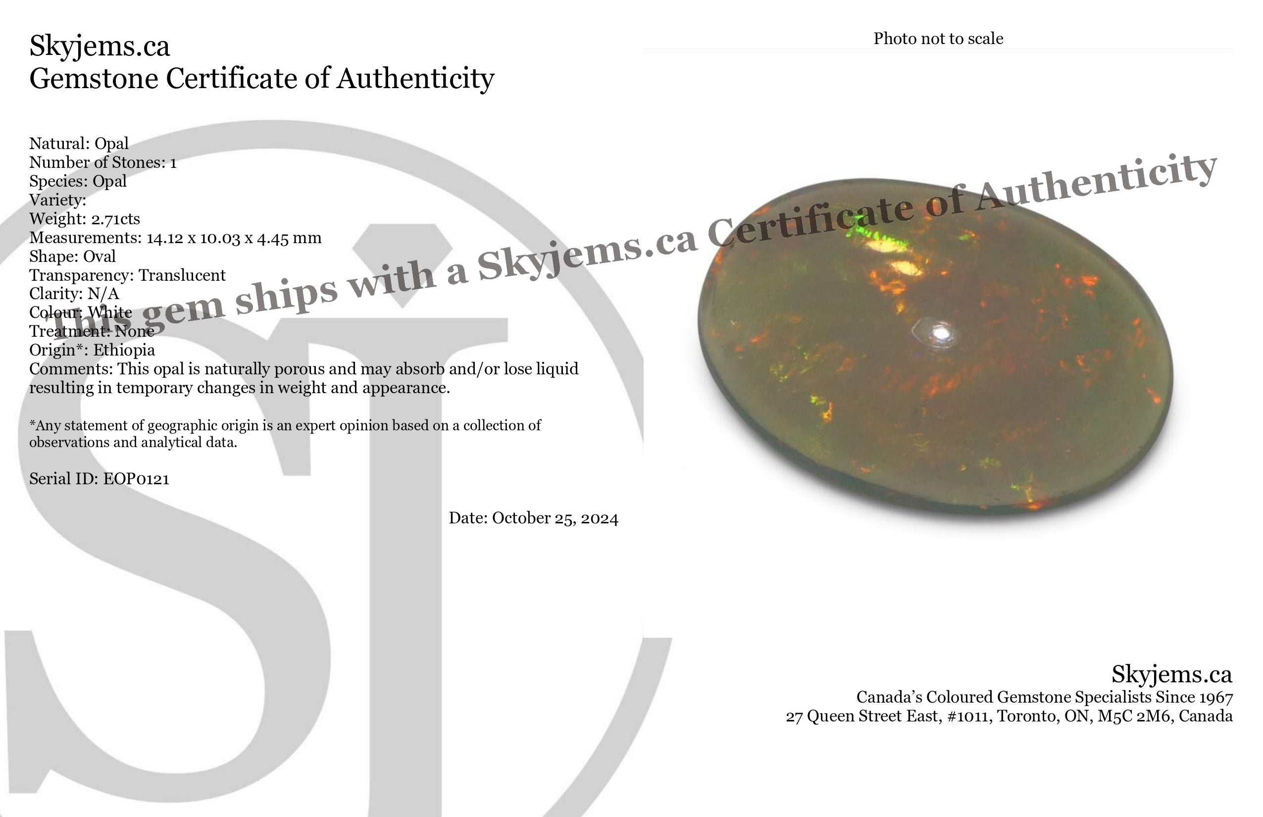 2.71ct Oval Cabochon White Crystal Opal from Ethiopia - Skyjems Wholesale Gemstones