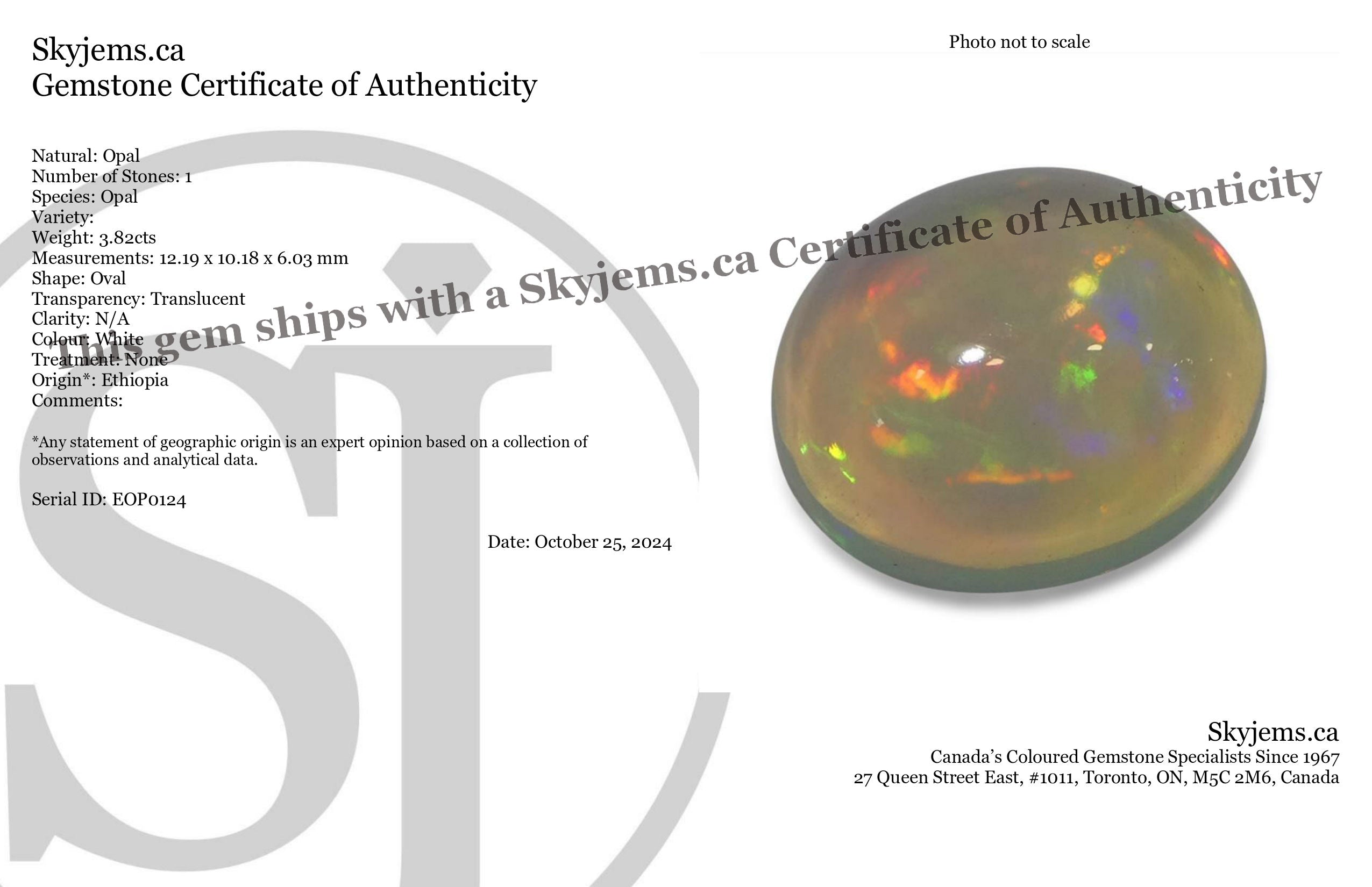 3.82ct Oval Cabochon White Crystal Opal from Ethiopia - Skyjems Wholesale Gemstones
