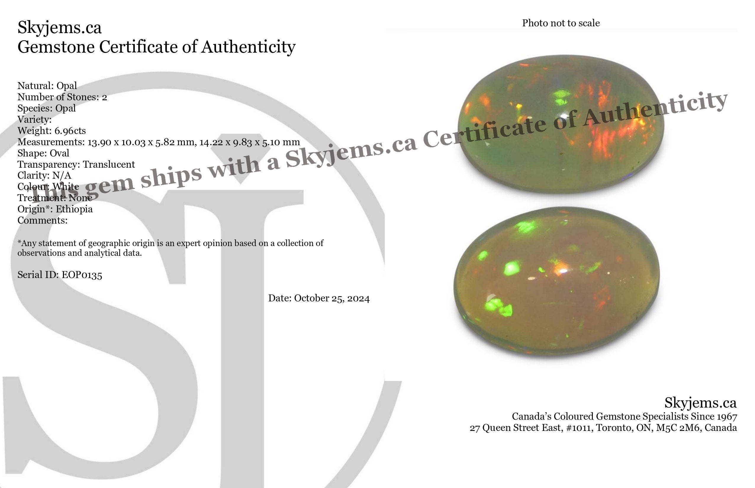 6.96ct Pair Oval Cabochon White Crystal Opal from Ethiopia - Skyjems Wholesale Gemstones