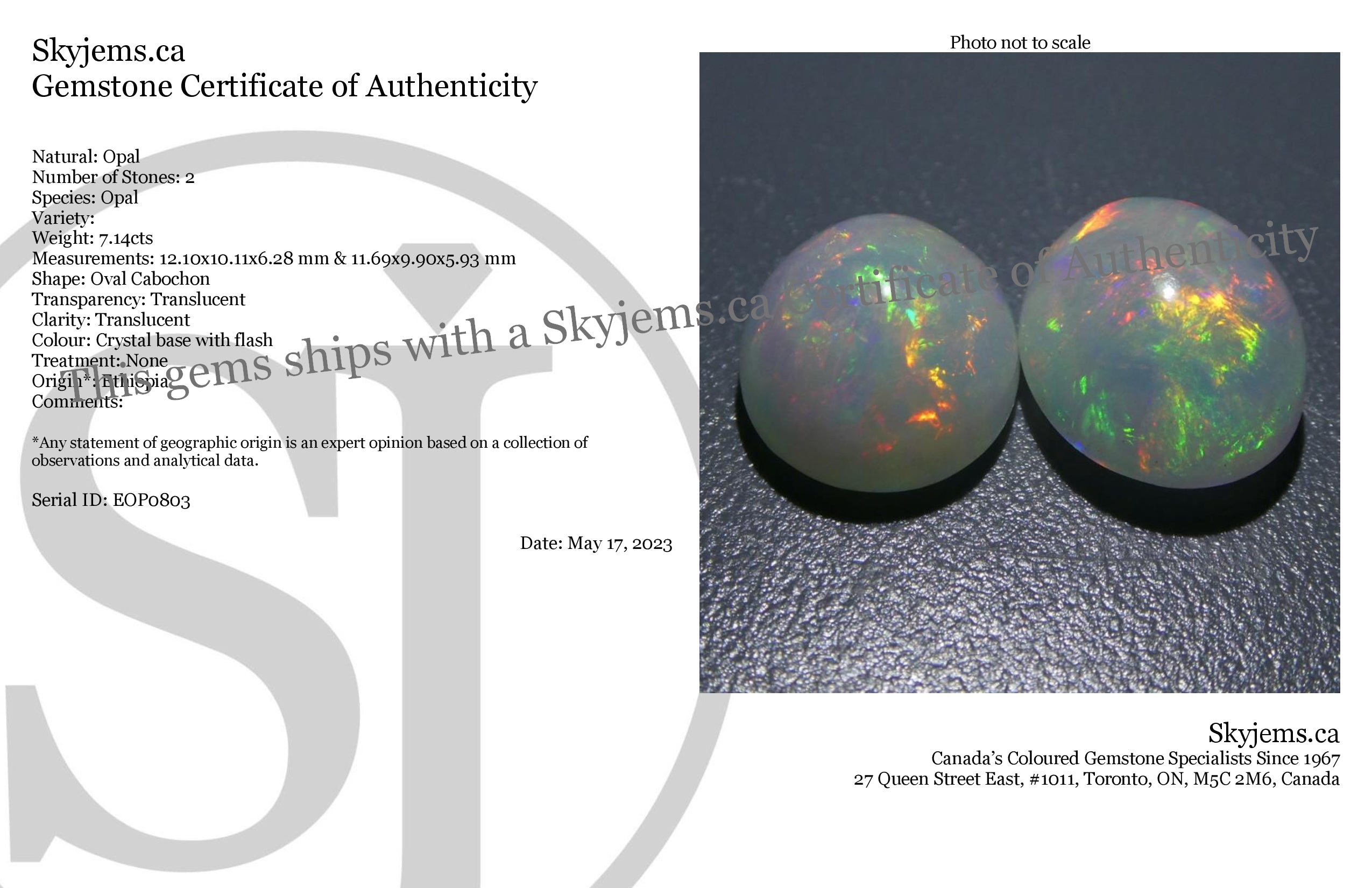 SkyJems 7.14ct Ethiopian Crystal Opal Pair: Vibrant Oval Cabochon Gemstones with Multicolor Play of Color