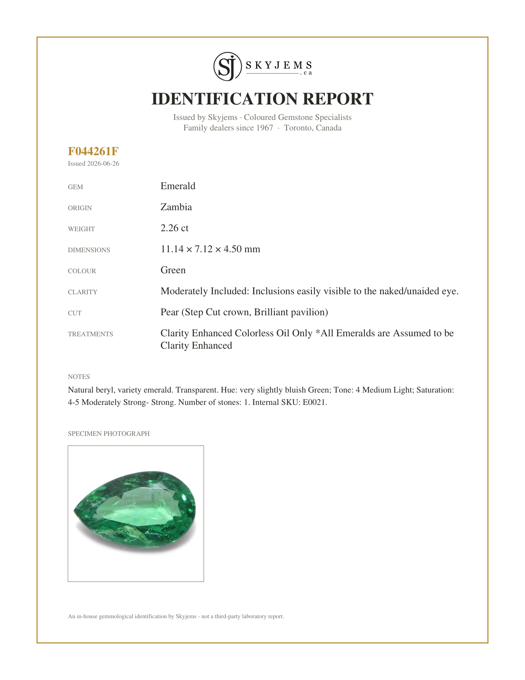 Skyjems Identification Report for E0021 — 2.26ct Pear Green Emerald from Zambia
