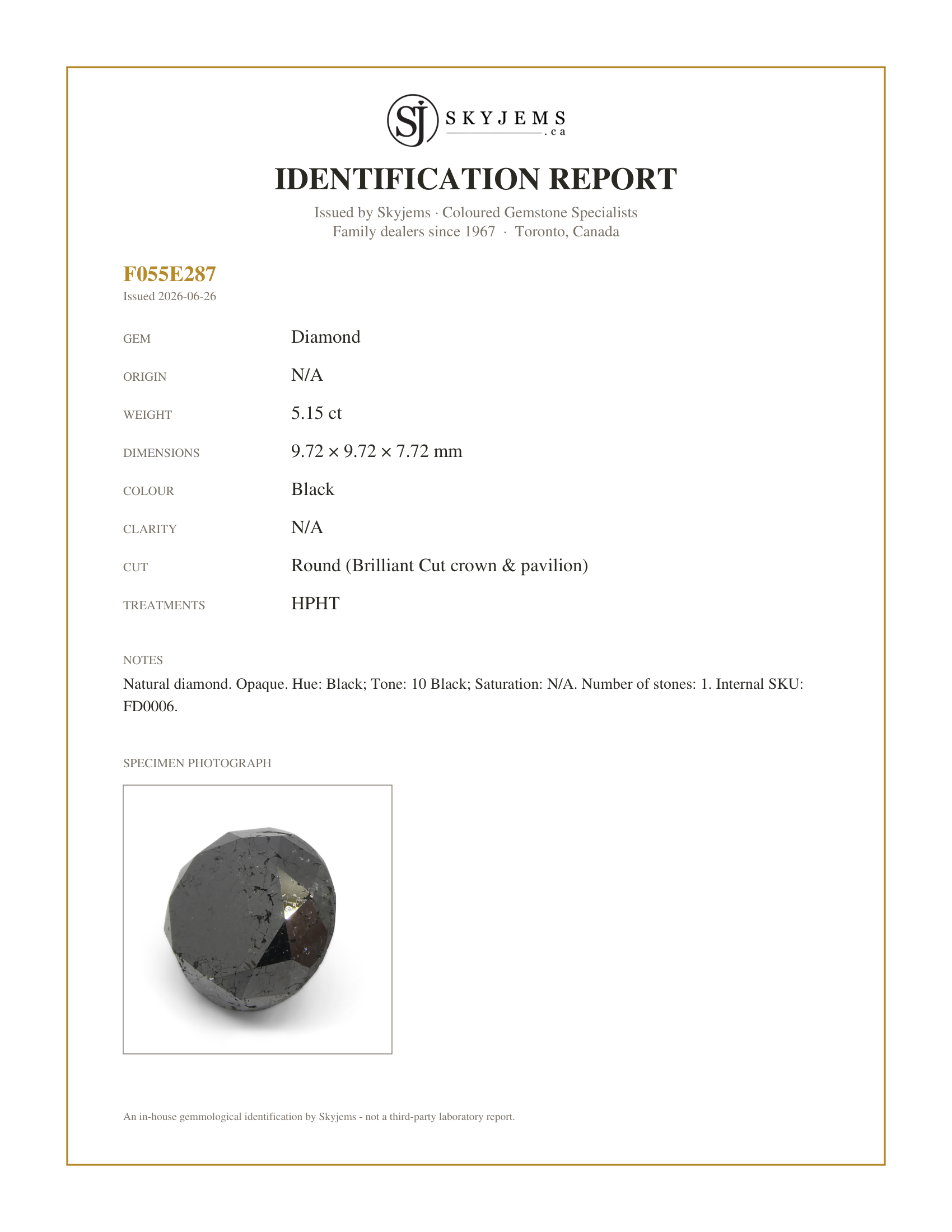 Skyjems Identification Report for FD0006 — 5.15ct Round Brilliant Cut Black Diamond