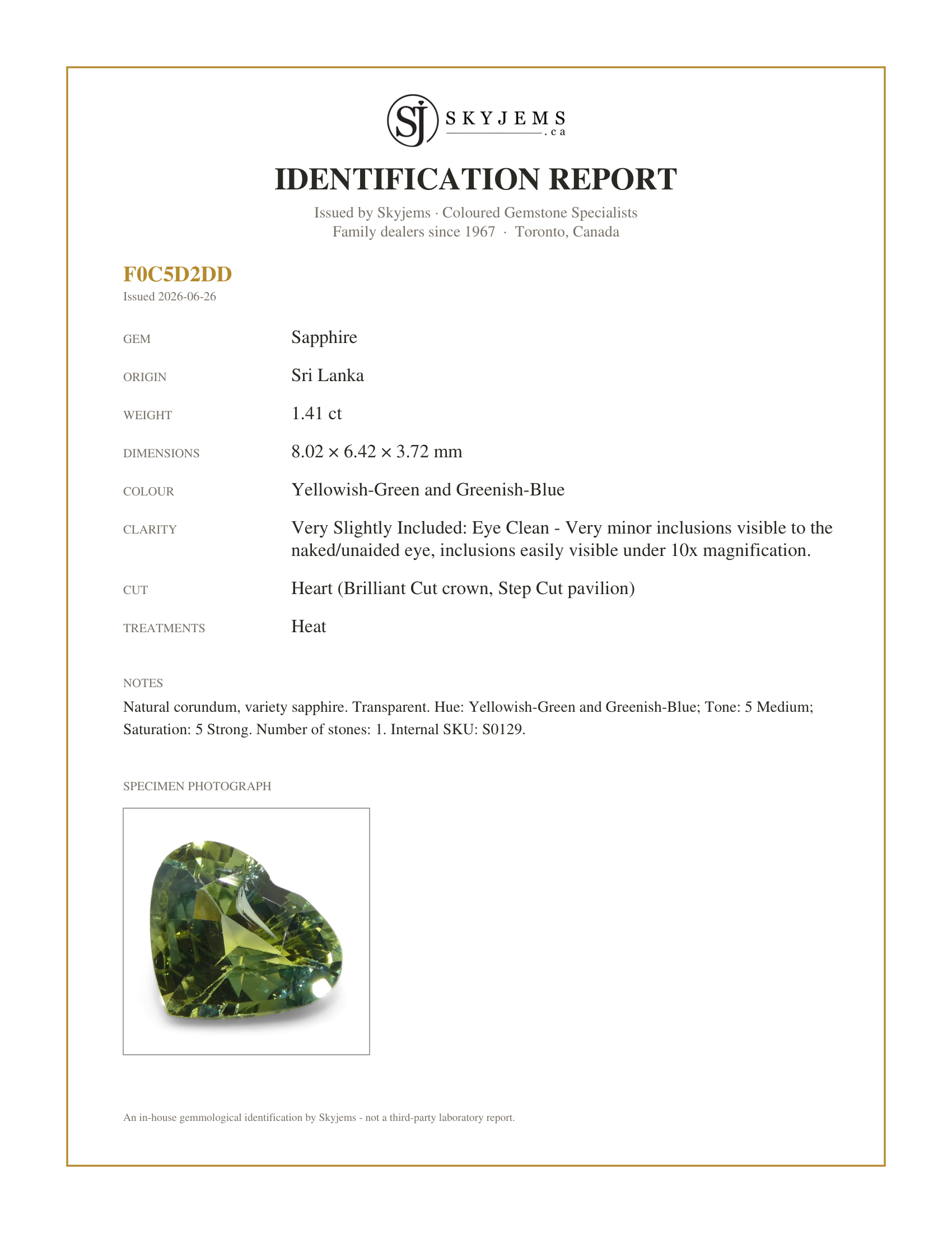 Skyjems Identification Report for S0129 — 1.41ct Heart Green and Blue Sapphire from Sri Lanka