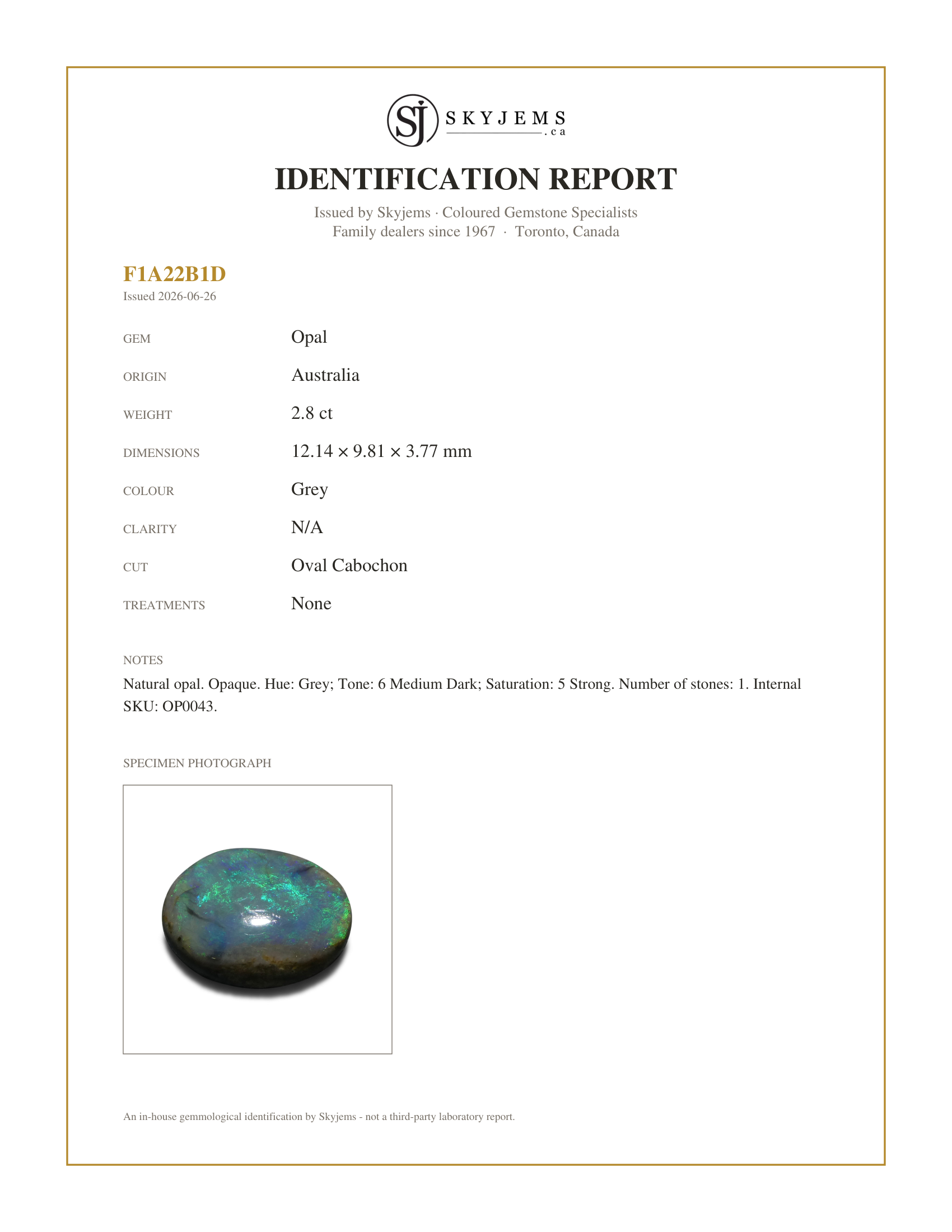 Skyjems Identification Report for OP0043 — 2.8ct Oval Cabochon Grey Opal from Australia