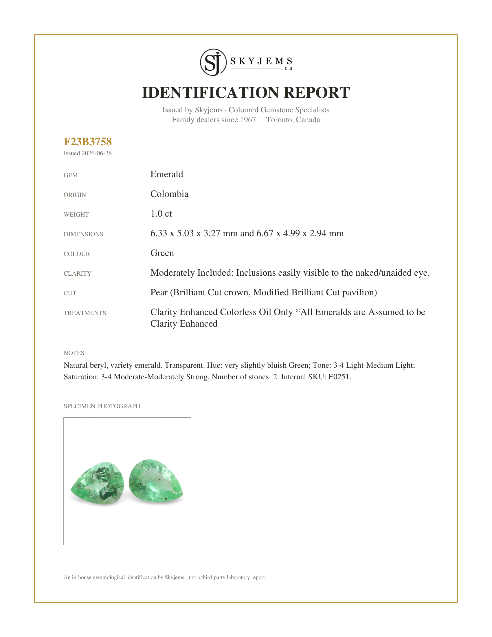 Skyjems Identification Report for E0251 — 1ct Pair Pear Green Emerald from Colombia