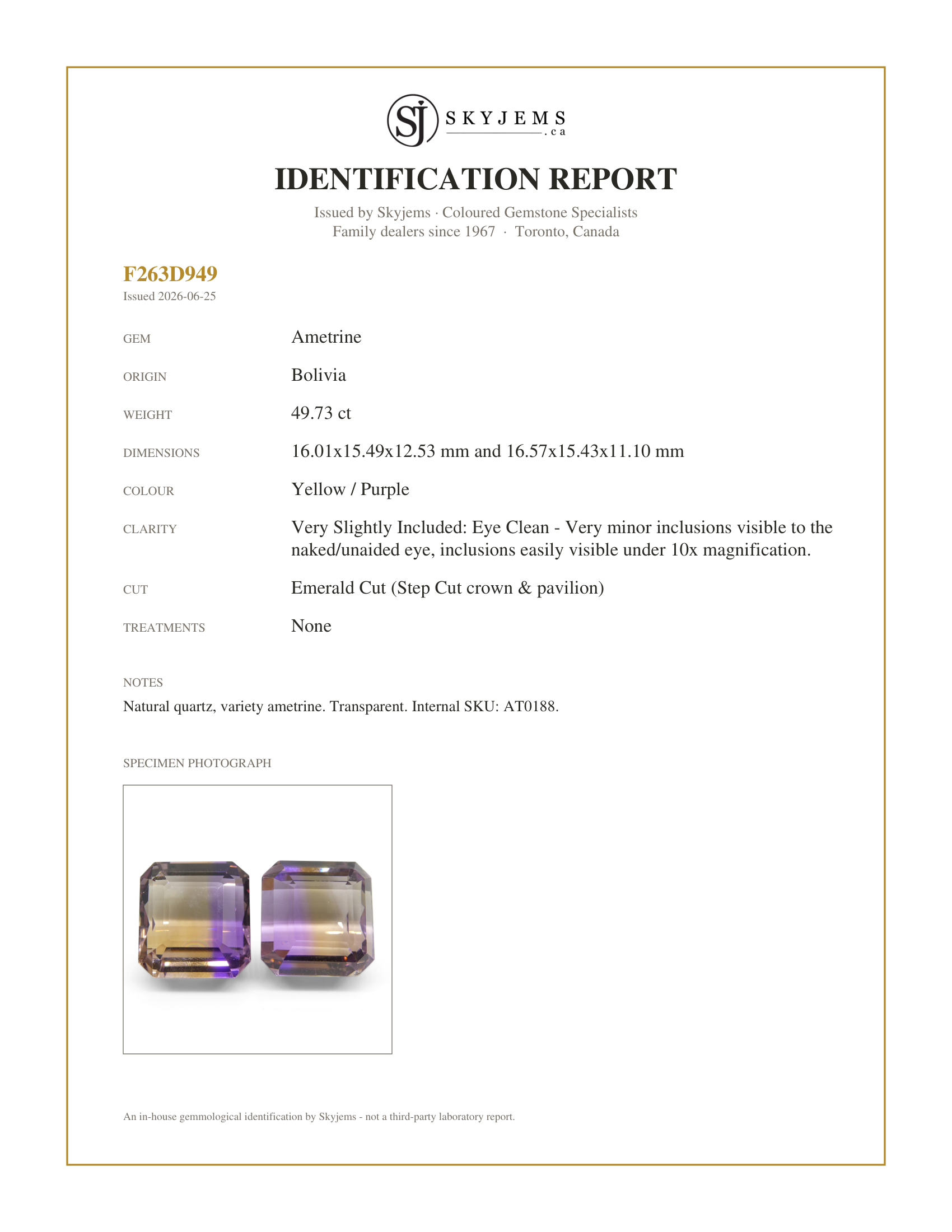 Skyjems Identification Report — 49.73 ct Pair Emerald Cut Ametrine, 100% Natural Very Rare Single Source Gem from Bolivia