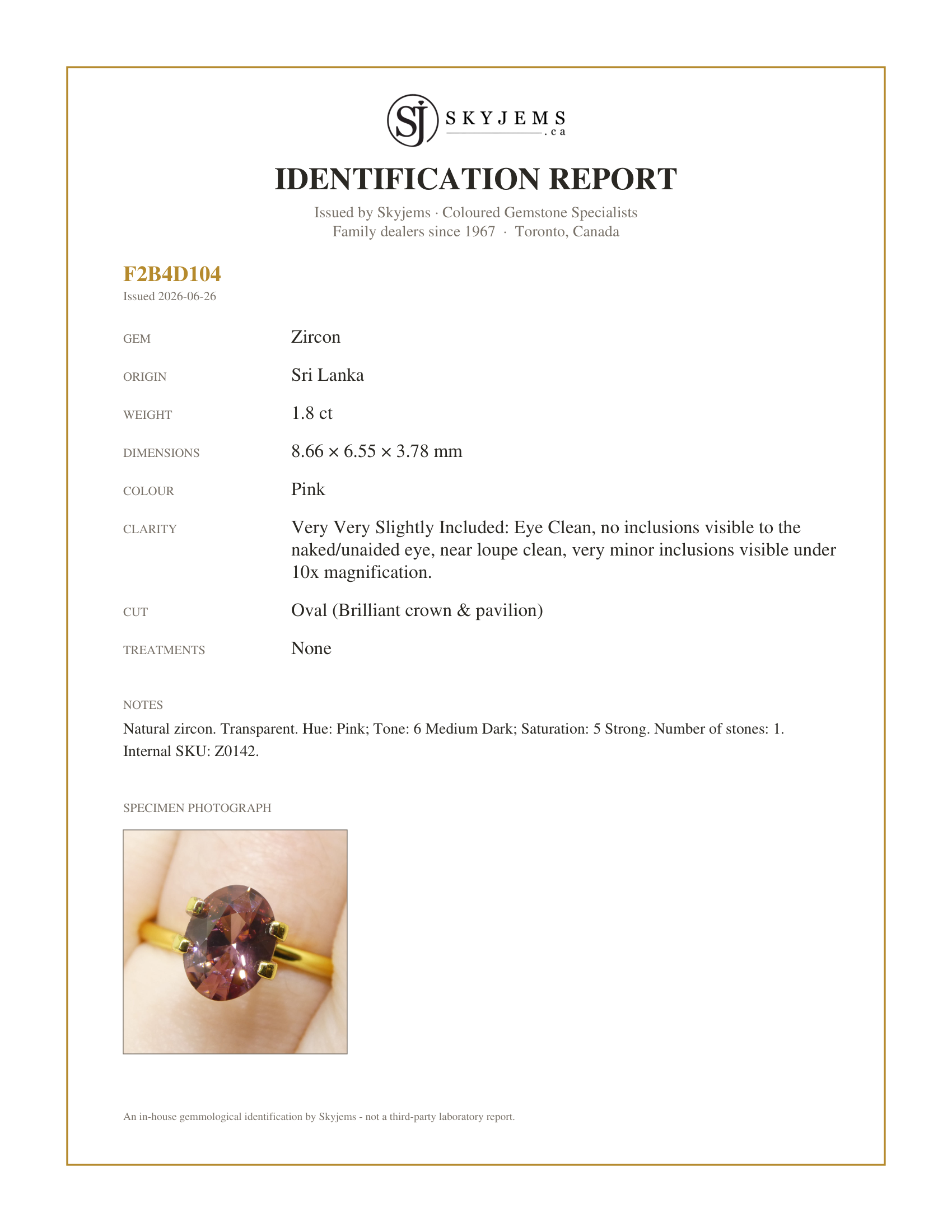 Skyjems Identification Report for Z0142 — 1.8ct Natural Earth Mined Oval Master Brilliant Cut Pink Zircon from Sri Lanka