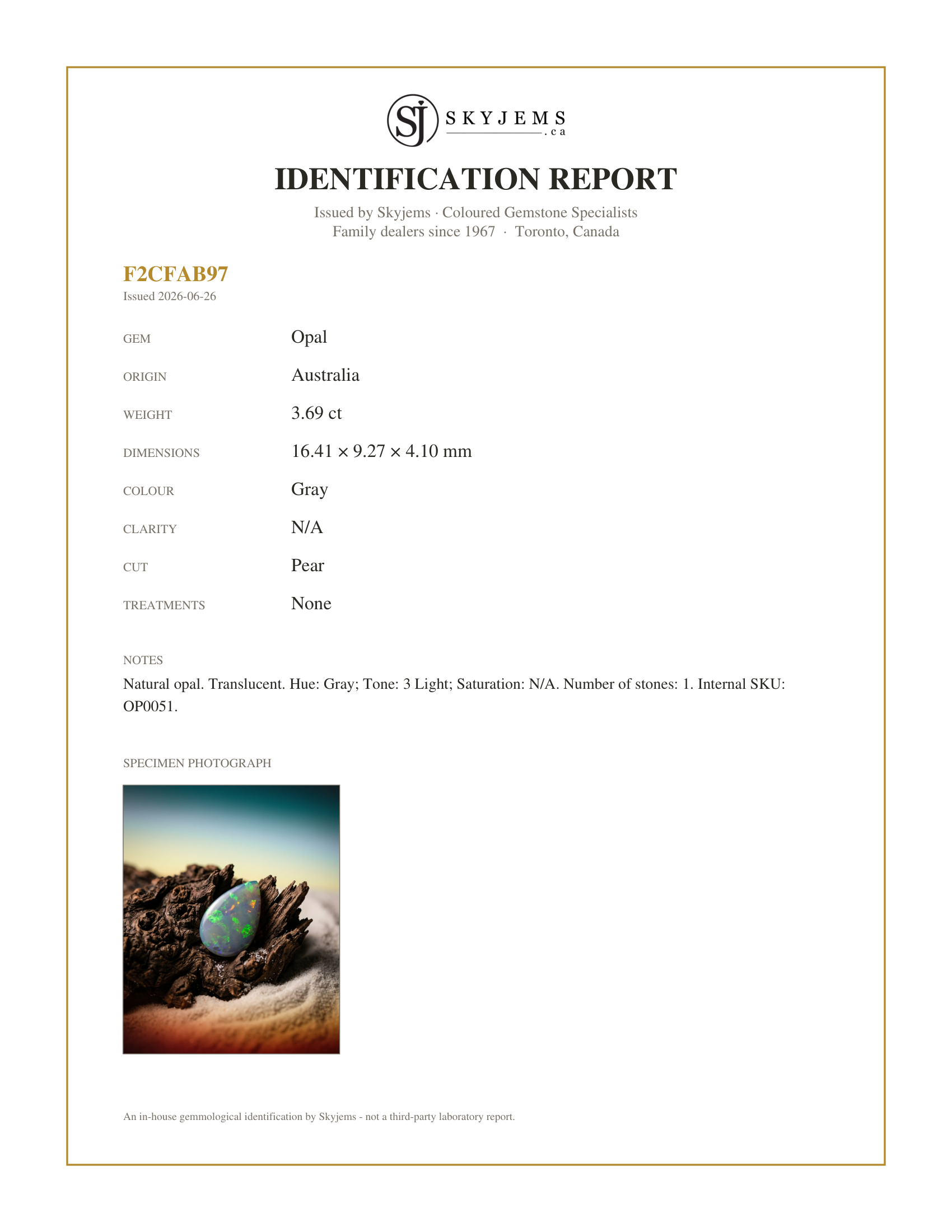 Skyjems Identification Report for OP0051 — 3.69ct Pear Cabochon Gray Opal from Australia