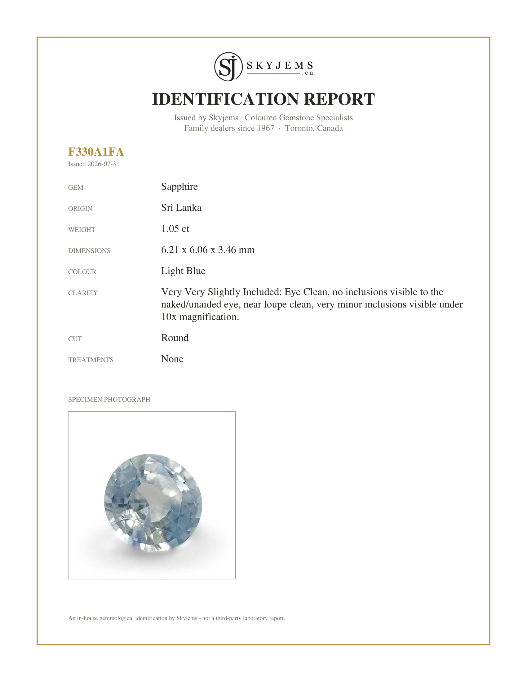 Skyjems Identification Report for S1125 — 1.05ct Round Icy Blue Sapphire from Sri Lanka Unheated