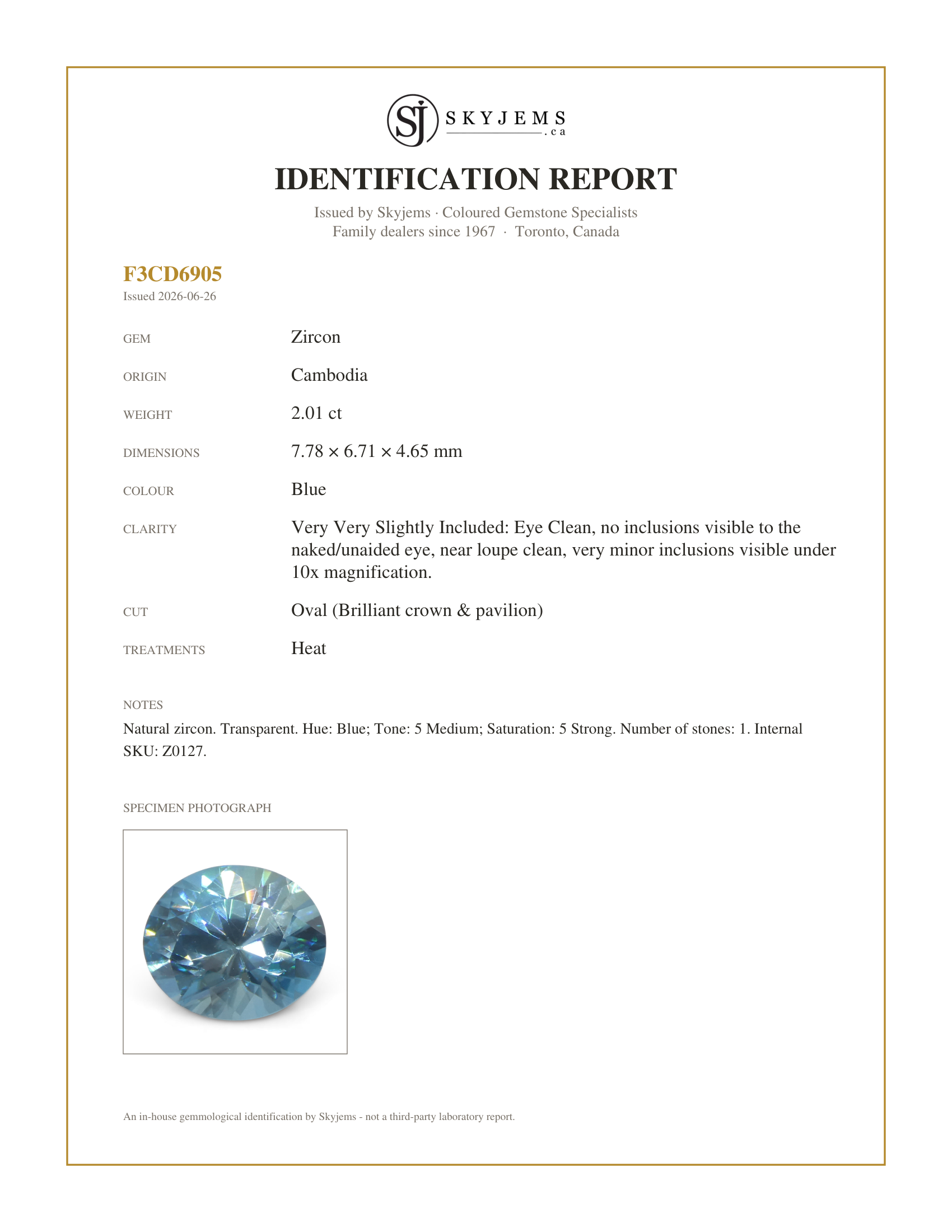 Skyjems Identification Report for Z0127 — 2.01ct Natural Earth Mined Oval Master Brilliant Cut Blue Zircon from Cambodia
