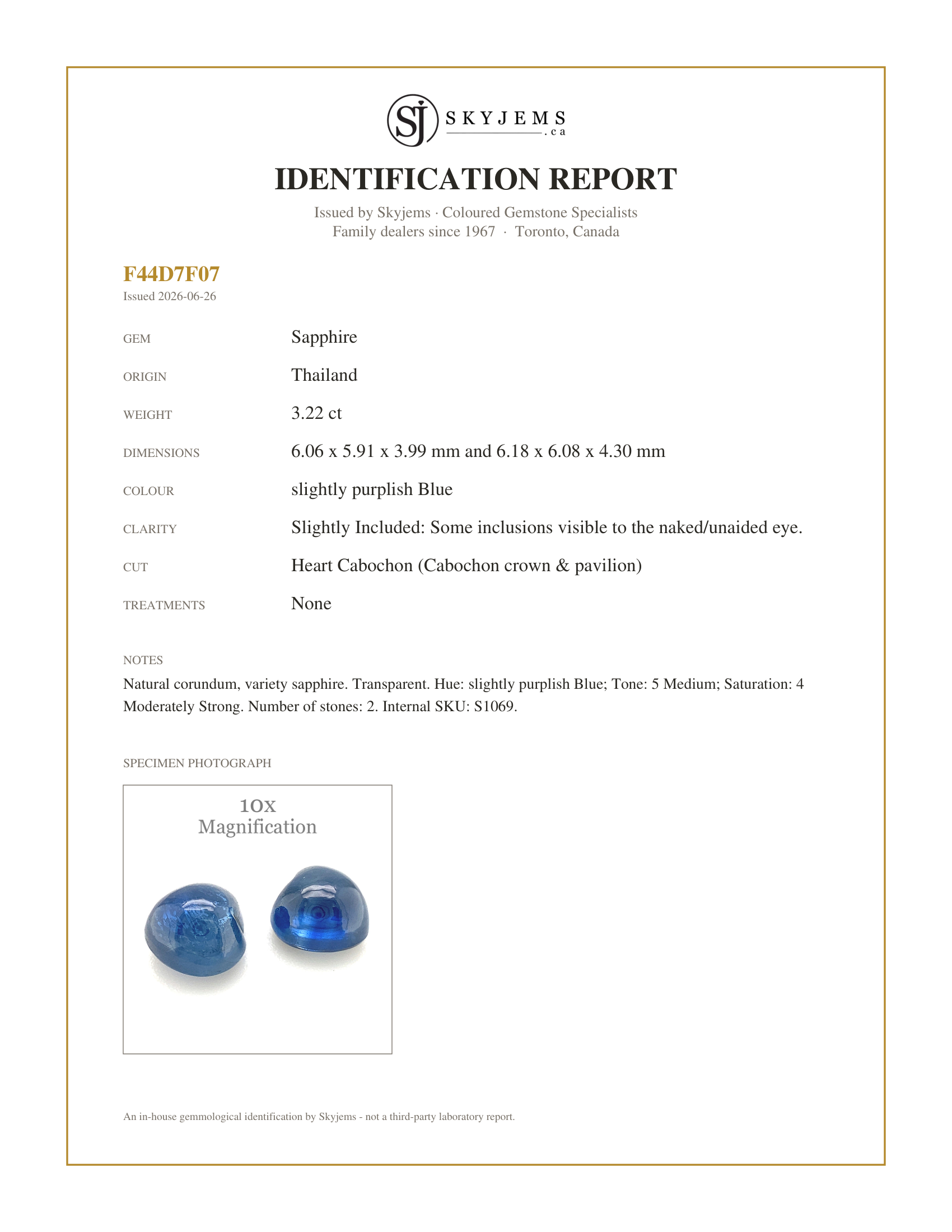 Skyjems Identification Report for S1069 — 3.22ct Pair Heart Cabochon Blue Sapphire from Thailand Unheated