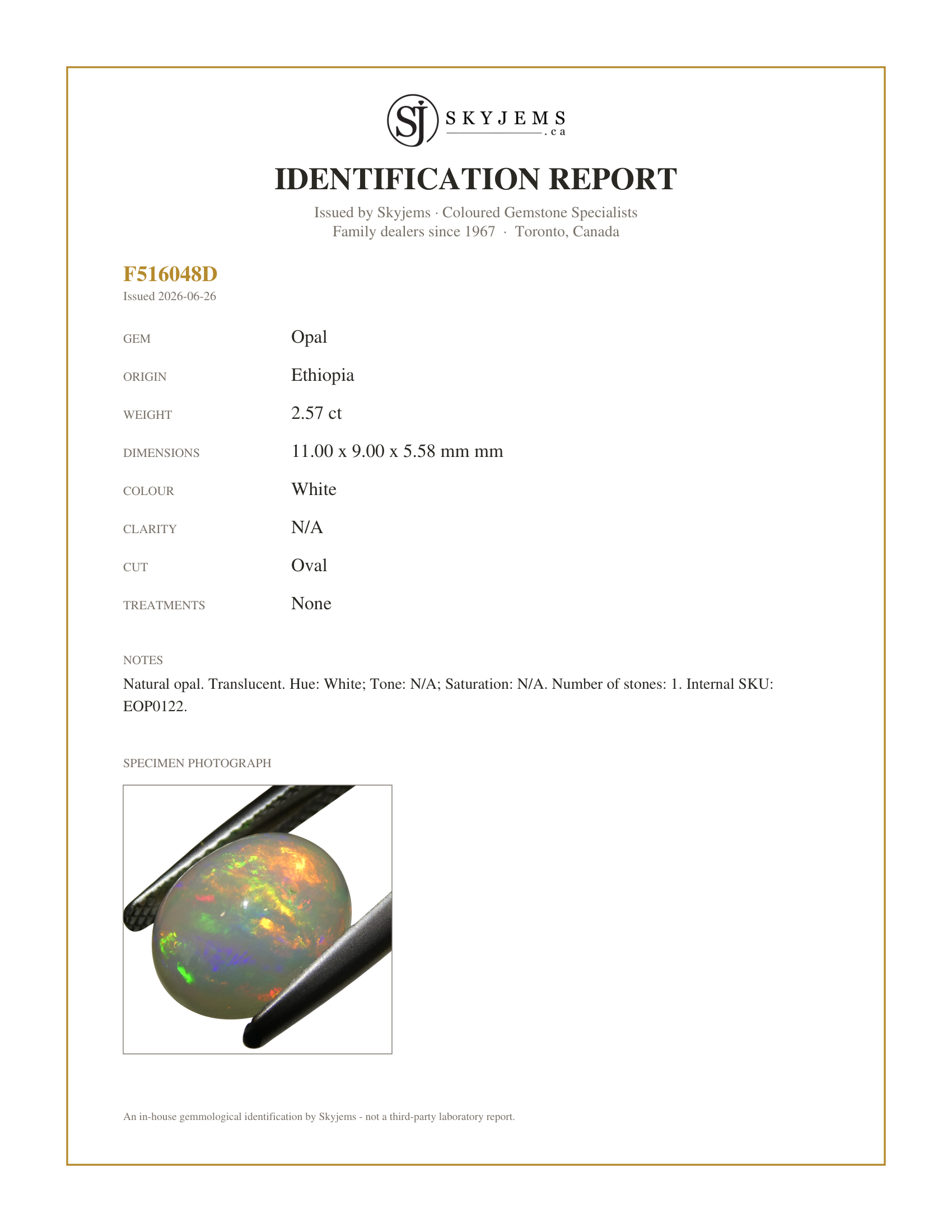 Skyjems Identification Report for EOP0122 — 2.57ct Oval Cabochon White Crystal Opal from Ethiopia