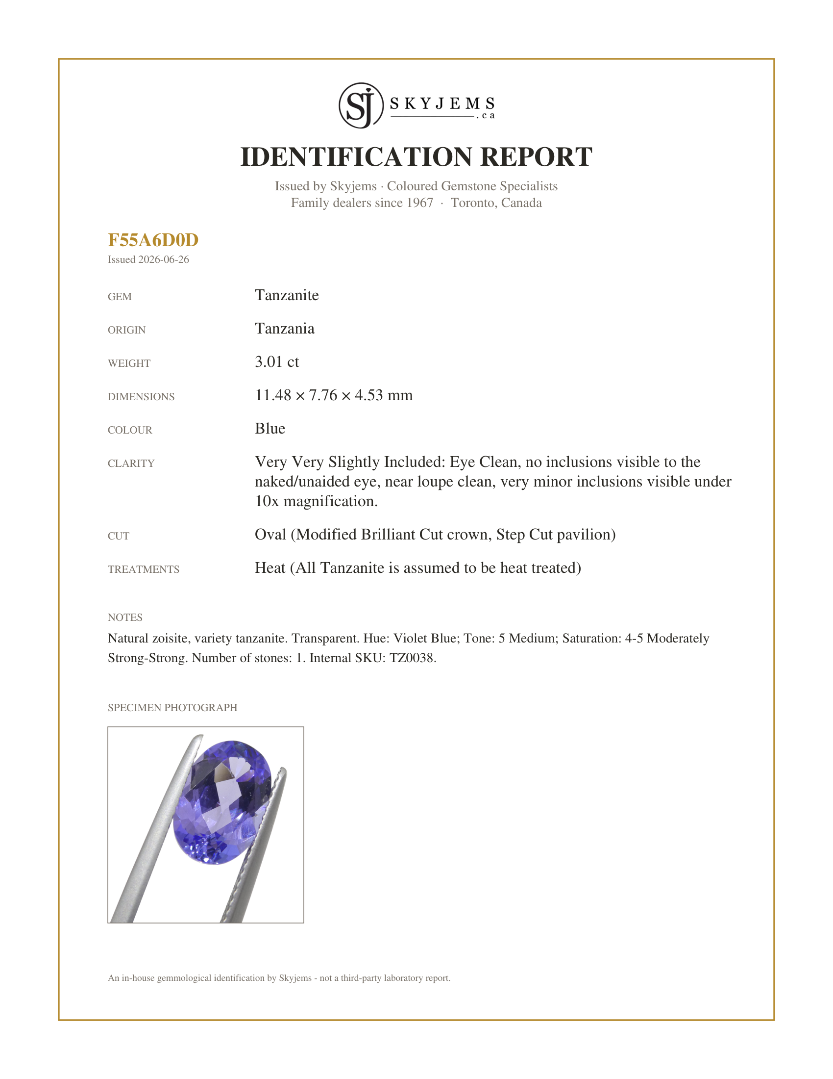 Skyjems Identification Report for TZ0038 — 3.01ct Oval Blue Tanzanite from Tanzania