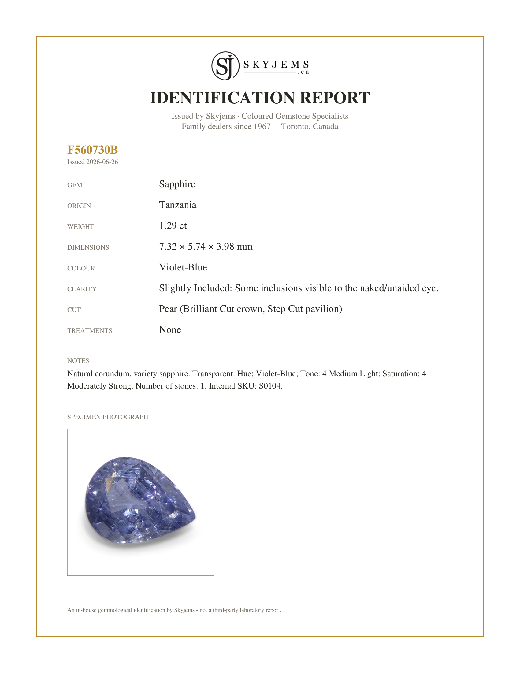 Skyjems Identification Report for S0104 — 1.29ct Pear Violet-Blue Sapphire from Tanzania Unheated