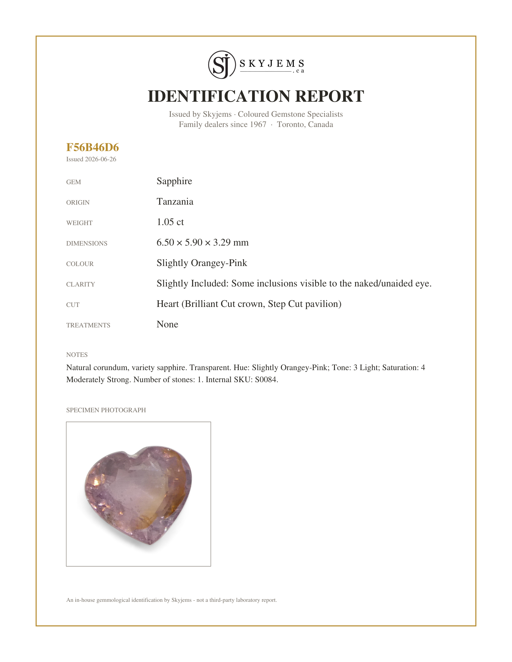 Skyjems Identification Report for S0084 — 1.05ct Heart Padparadscha Pink Sapphire from Tanzania Unheated