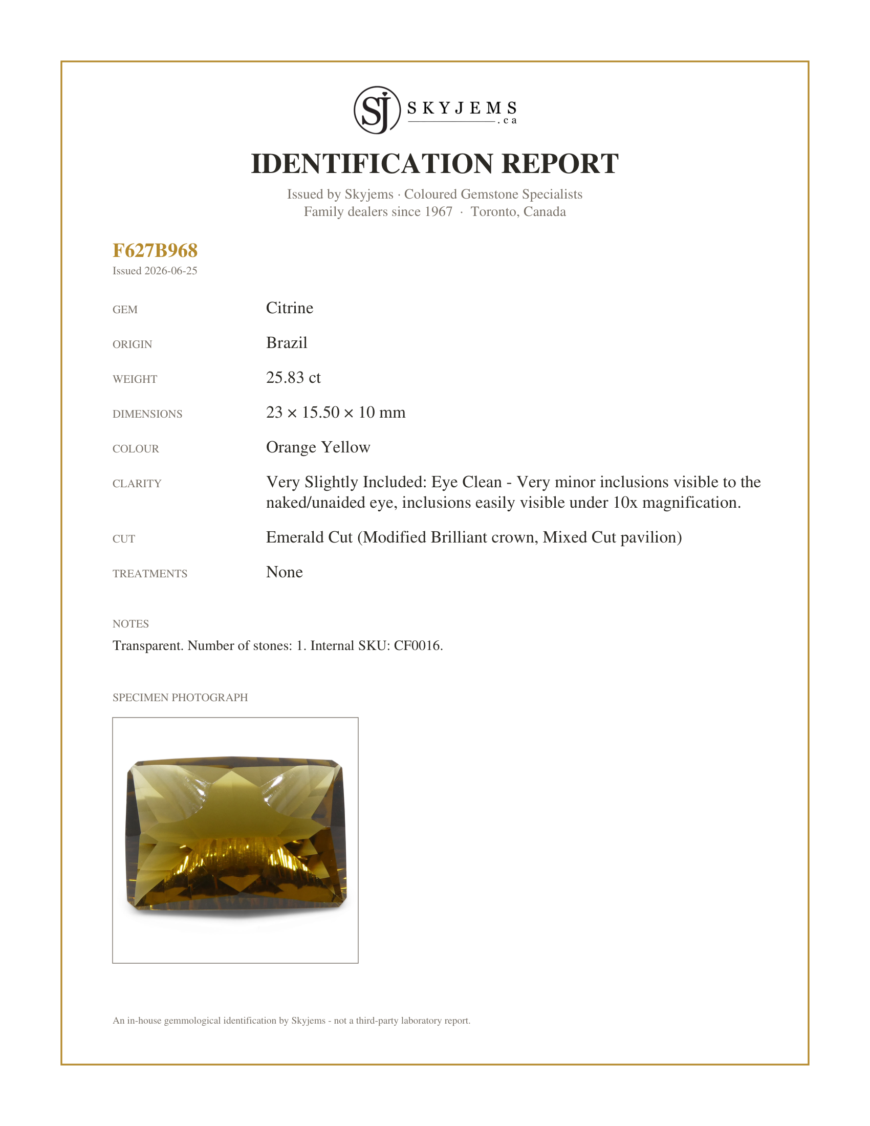 Skyjems Identification Report for CF0016 — 25.83ct Emerald Cut Citrine Fantasy/Fancy Cut