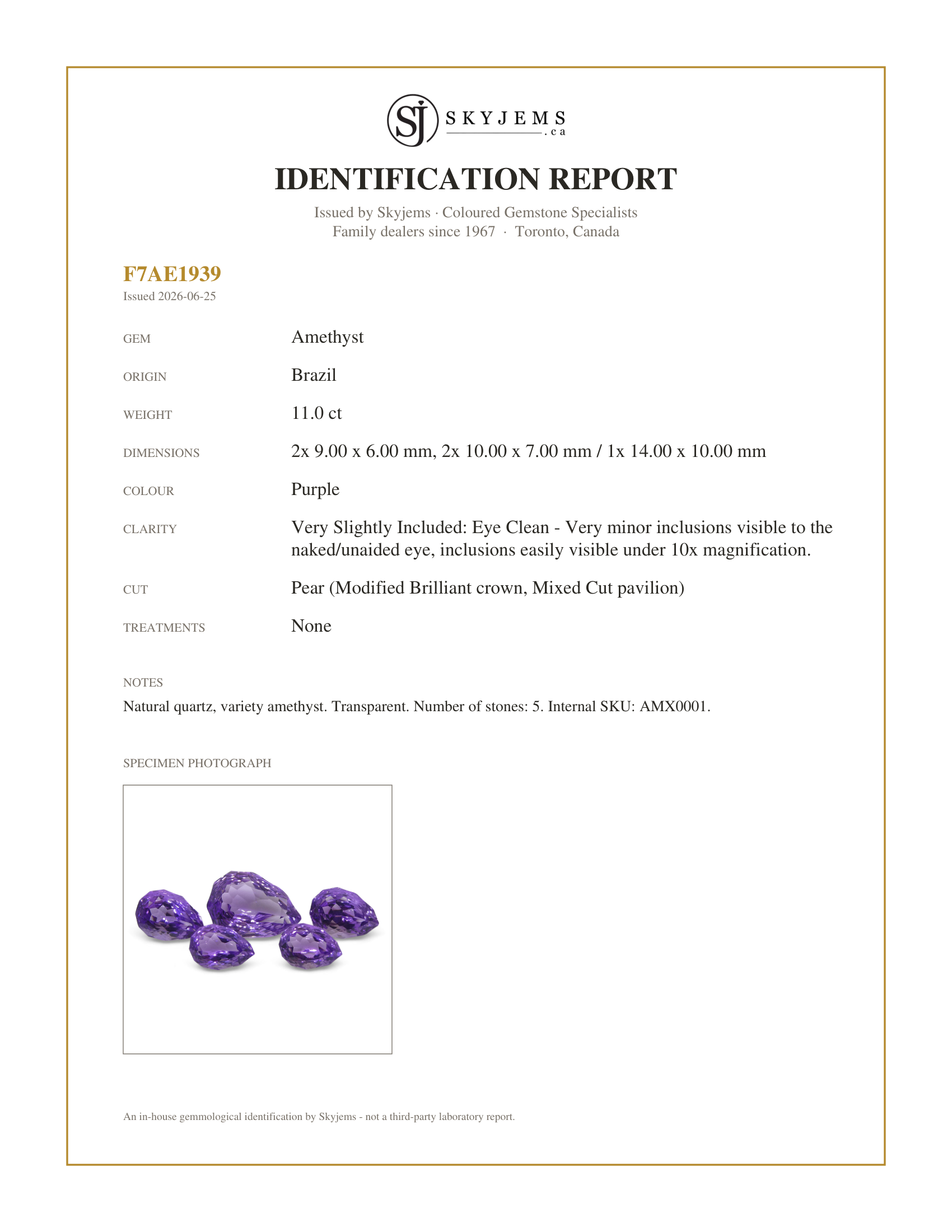Skyjems Identification Report for AMX0001 — 11ct Pear Amethyst 'Hypatia' Fantasy/Fancy Cut Set
