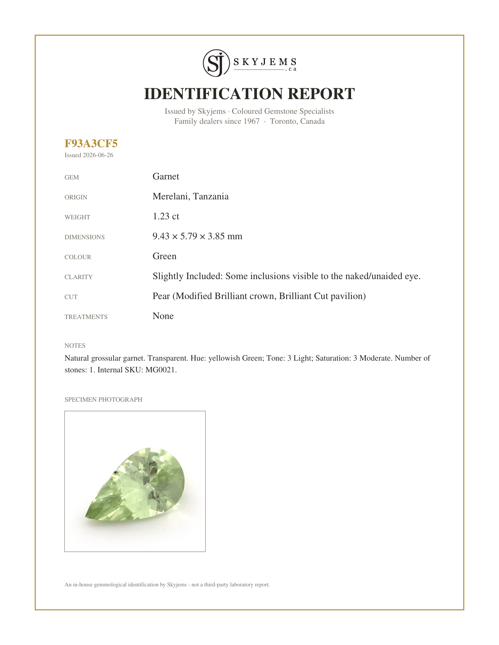 Skyjems Identification Report for MG0021 — 1.23ct Pear Mint Green Merelani Mint Tsavorite Garnet from Tanzania