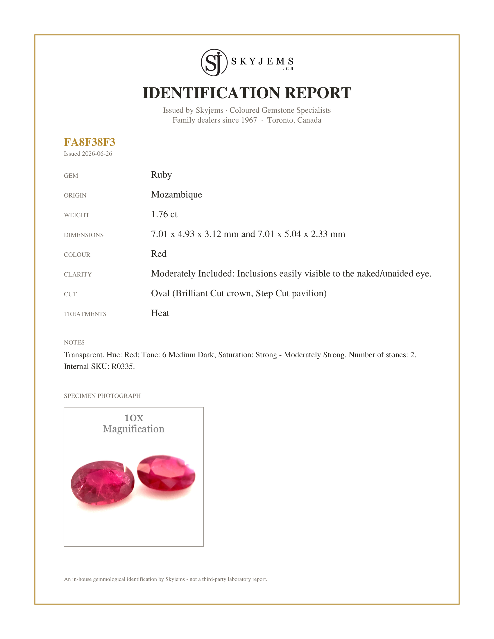Skyjems Identification Report for R0335 — 1.76ct Pair Oval Red Ruby from Mozambique