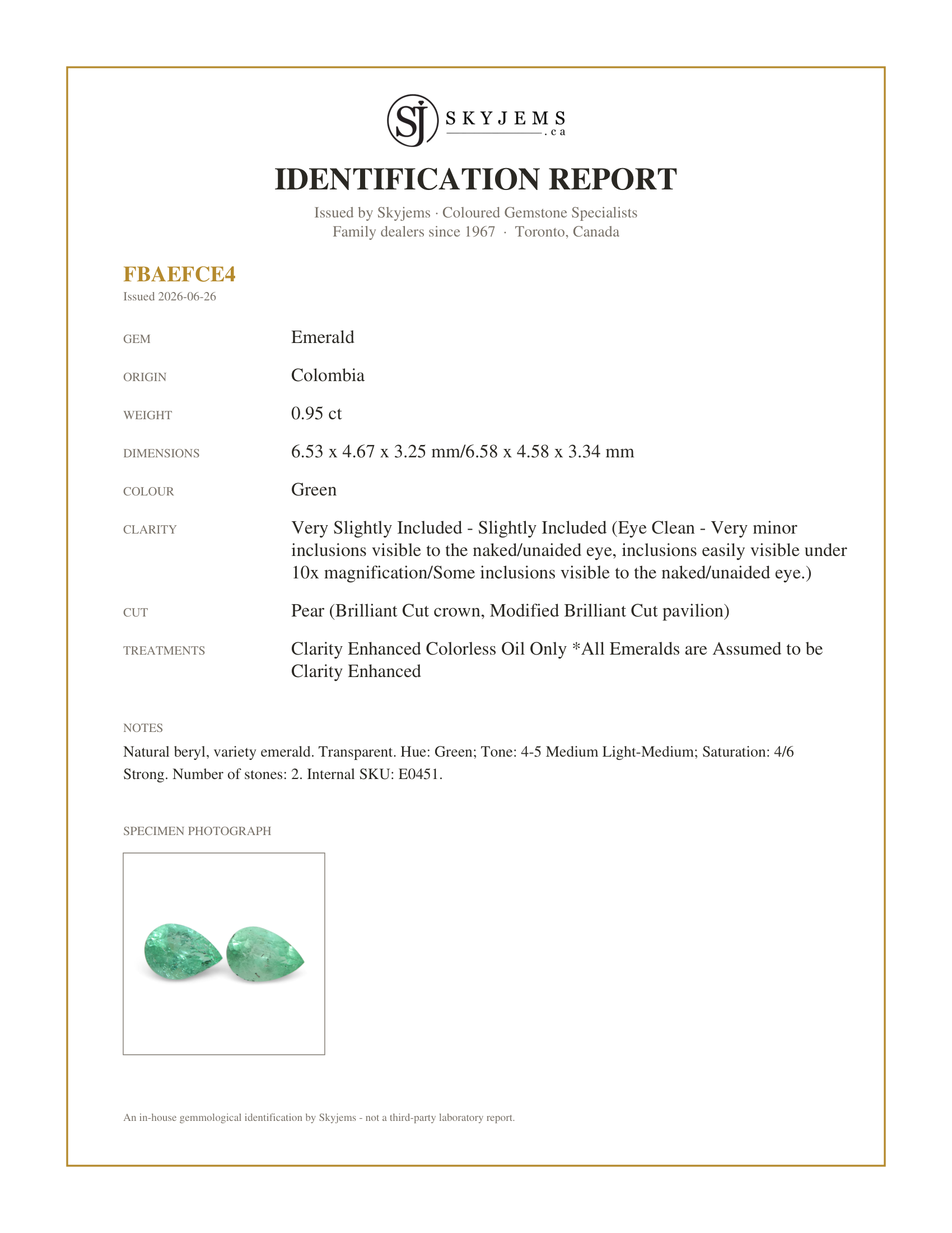 Skyjems Identification Report for E0451 — 0.95ct Pair Pear Green Emerald from Colombia