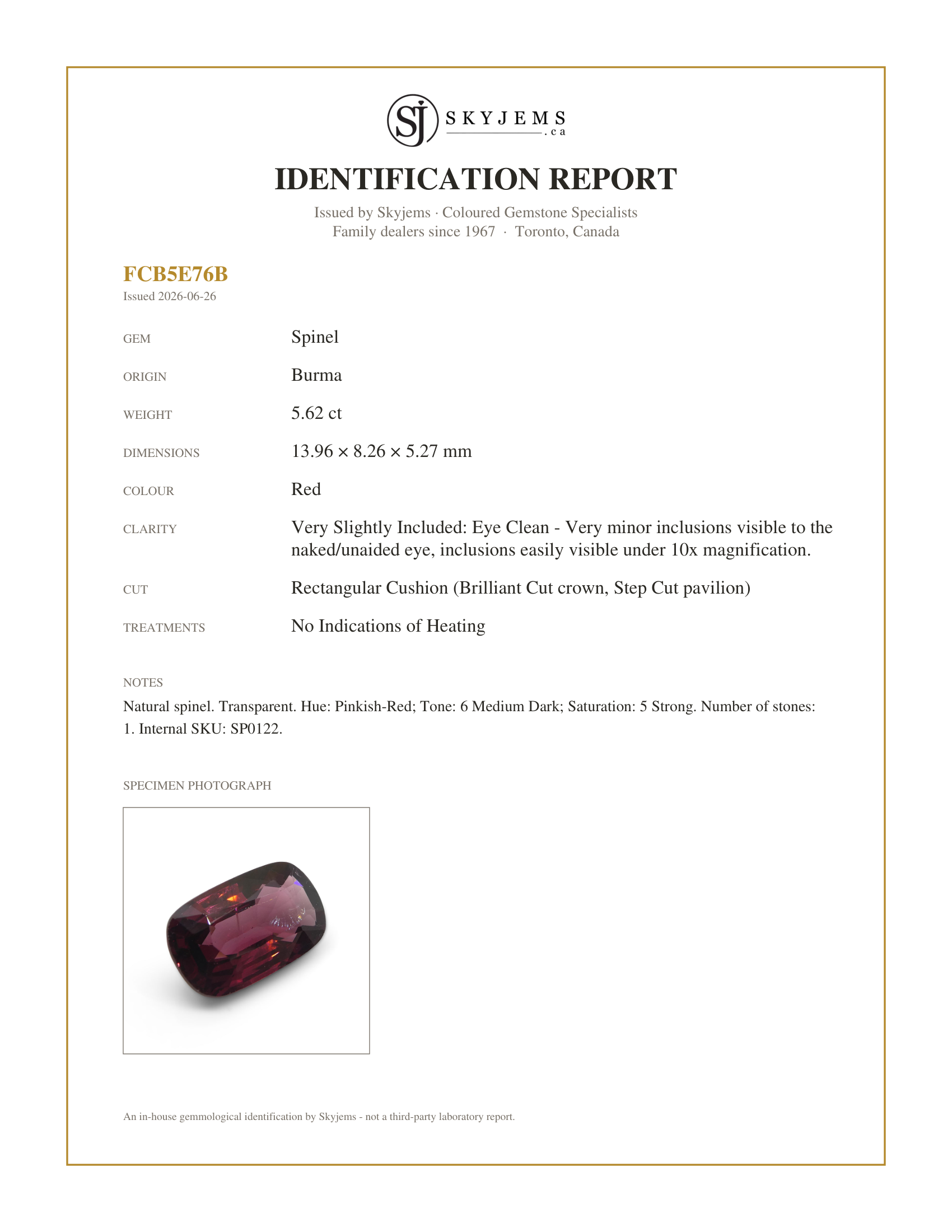 Skyjems Identification Report for SP0122 — 5.62ct Rectangular Cushion Red Spinel from Burma