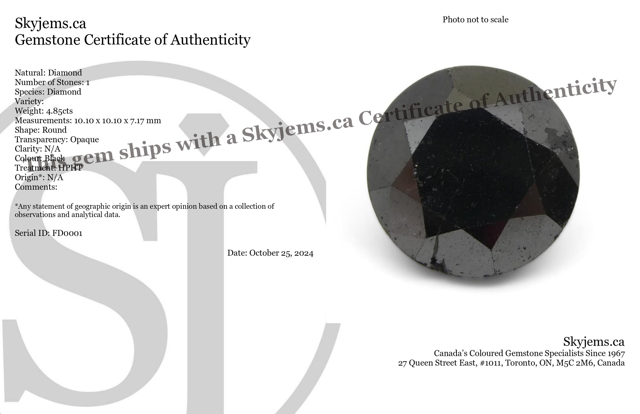 4.85ct Round Brilliant Black Diamond from SkyJems, premium Canadian fancy black diamond single stone