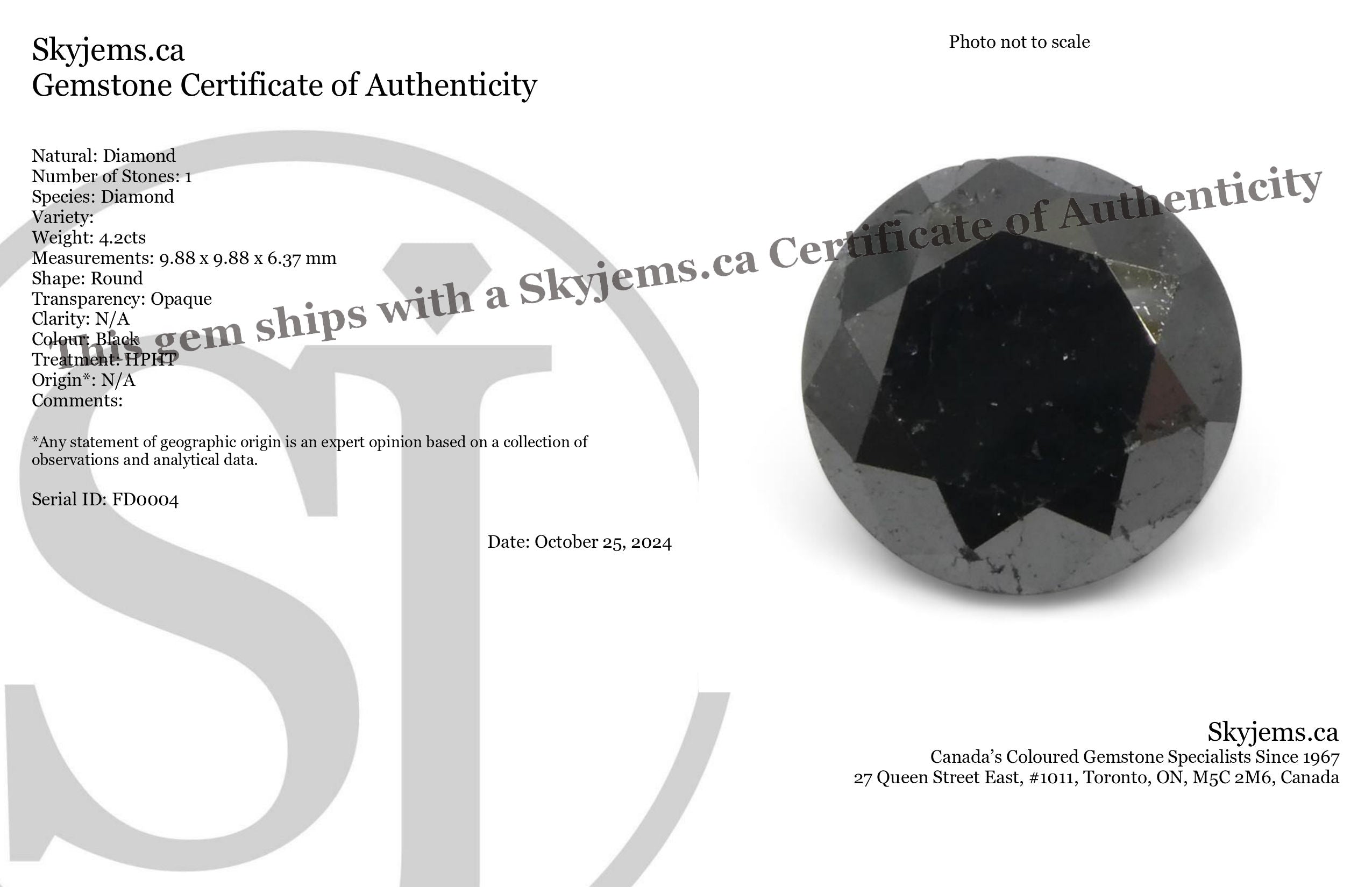 4.2ct Round Brilliant Black Diamond from SkyJems, premium Canadian fancy black diamond single stone in classic round cut