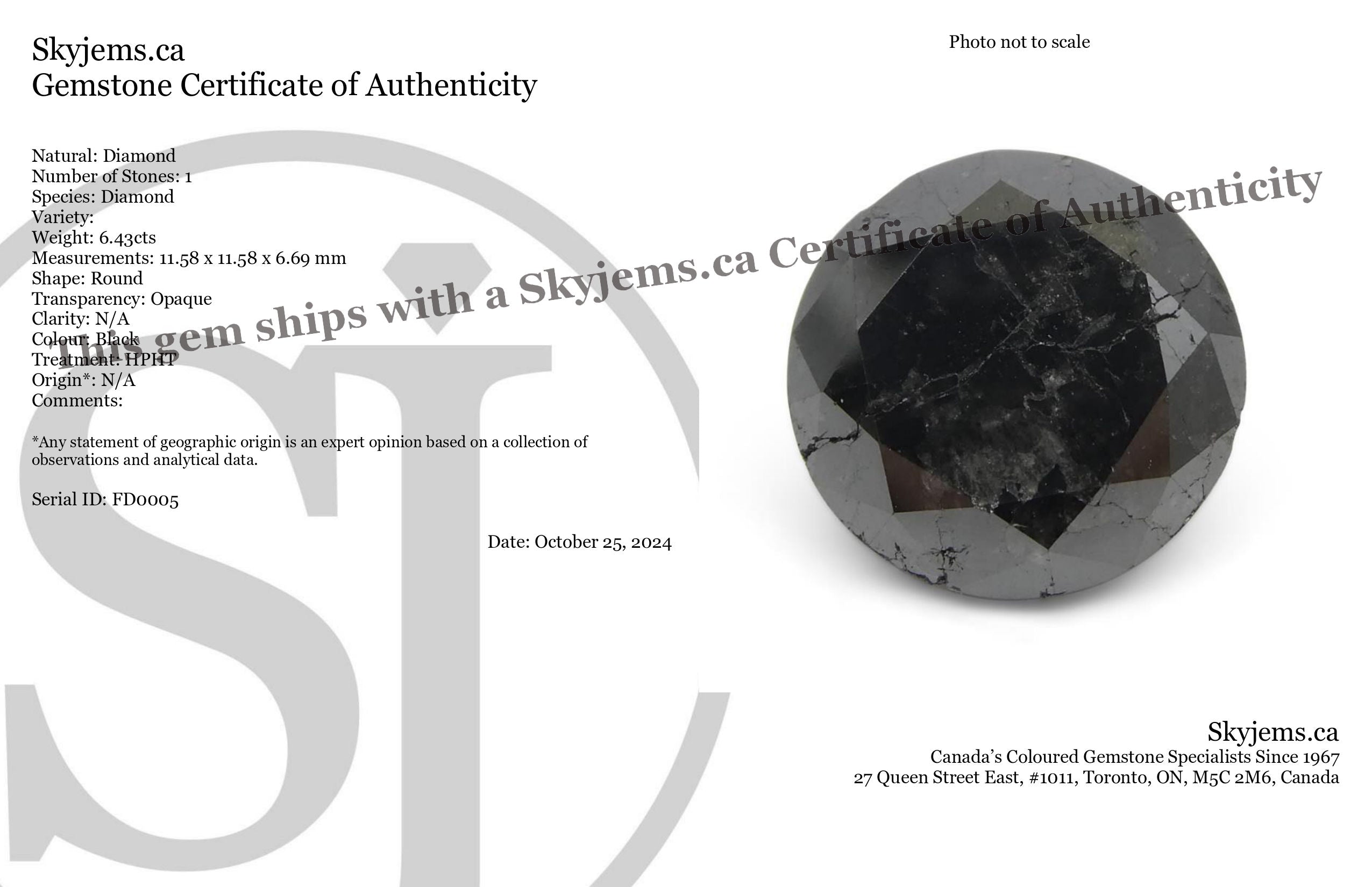 SkyJems 6.43ct Round Brilliant Black Diamond, premium Canadian fancy black diamond, rare single stone gem