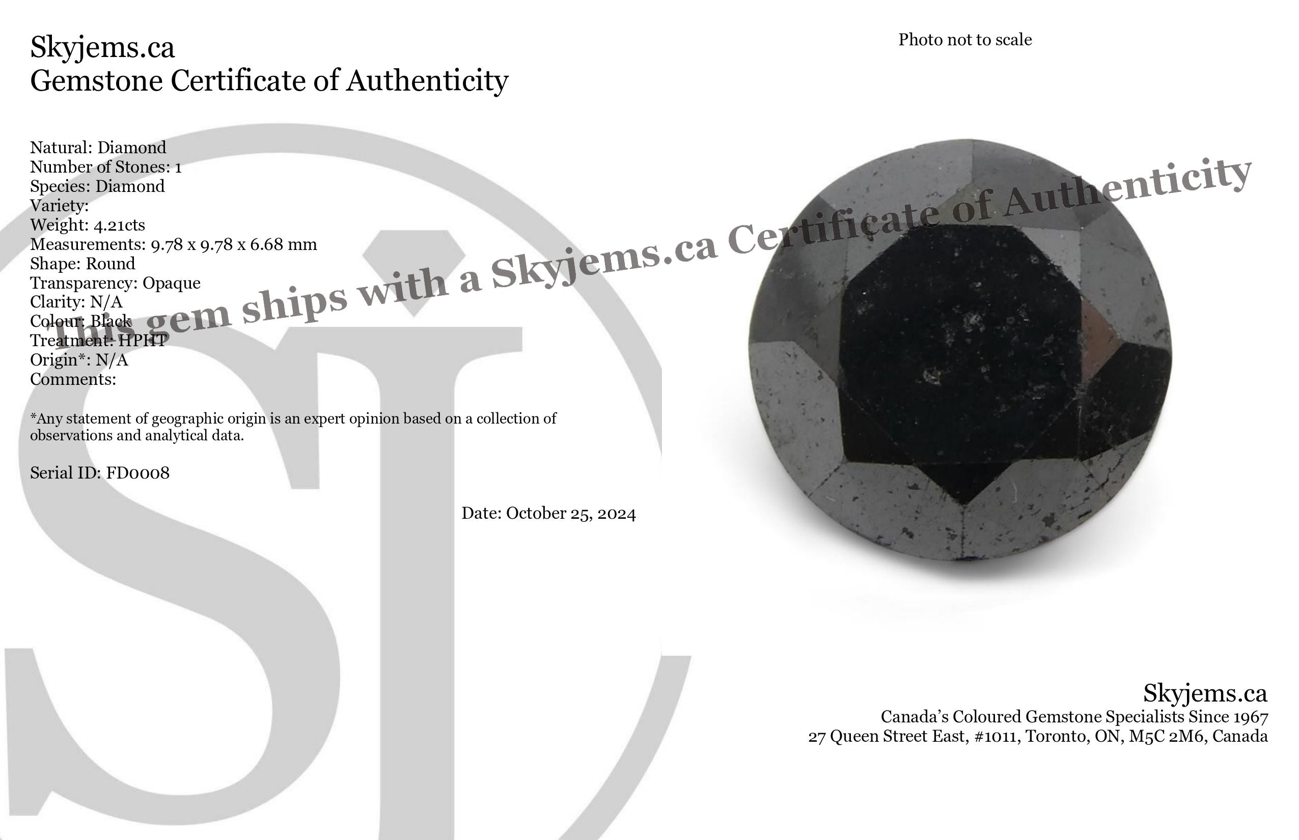 4.21ct Round Brilliant Black Diamond from SkyJems, premium Canadian fancy black single stone with exceptional cut and clarity
