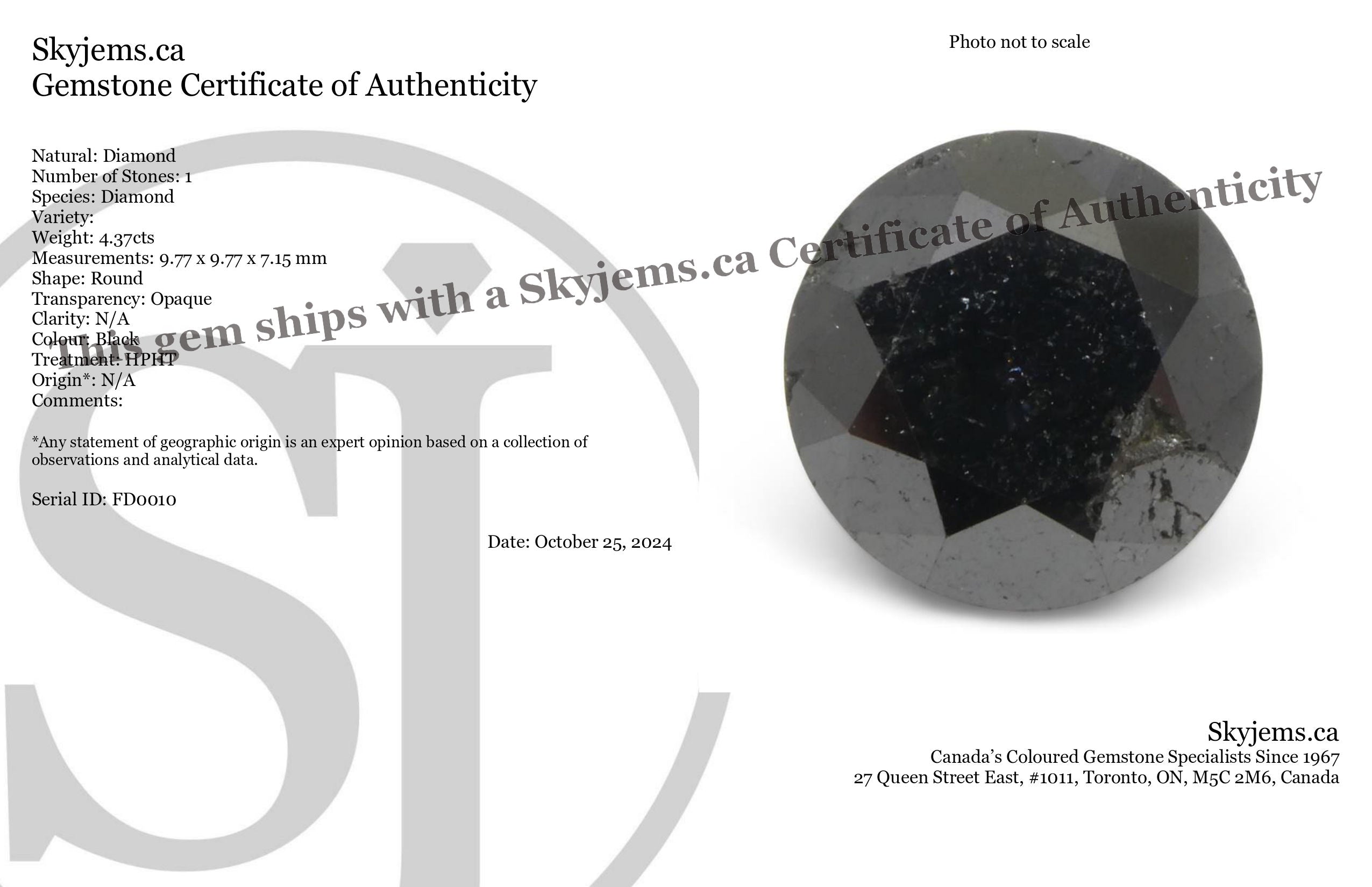 4.37ct Black Round Brilliant Diamond from SkyJems, premium Canadian fancy black single stone gem