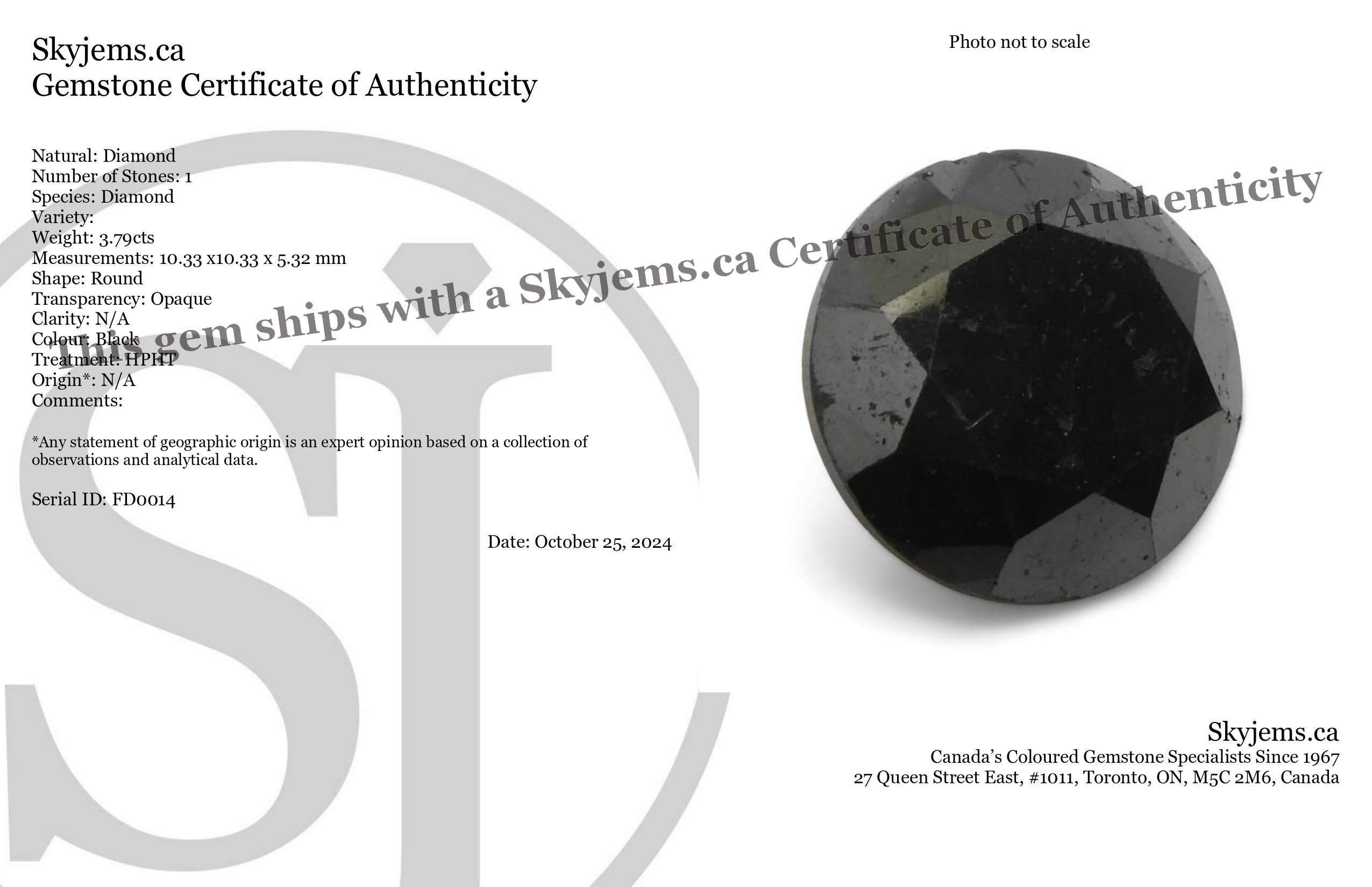 3.79ct Round Brilliant Black Diamond from SkyJems, premium Canadian fancy black diamond single stone, elegant jewelry gem