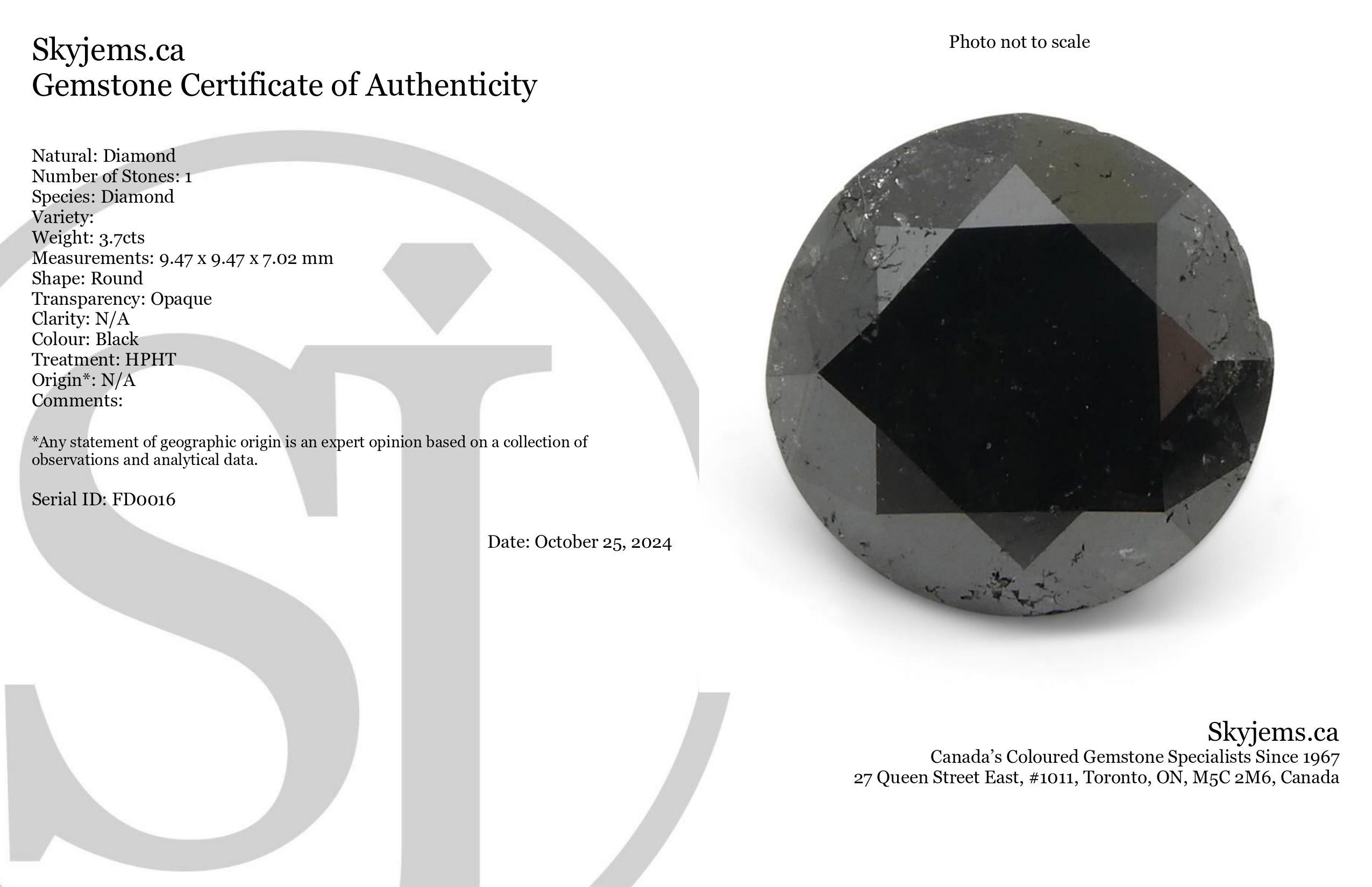 3.7ct Round Brilliant Black Diamond from SkyJems, premium Canadian fancy black diamond single stone, elegant jewelry gem