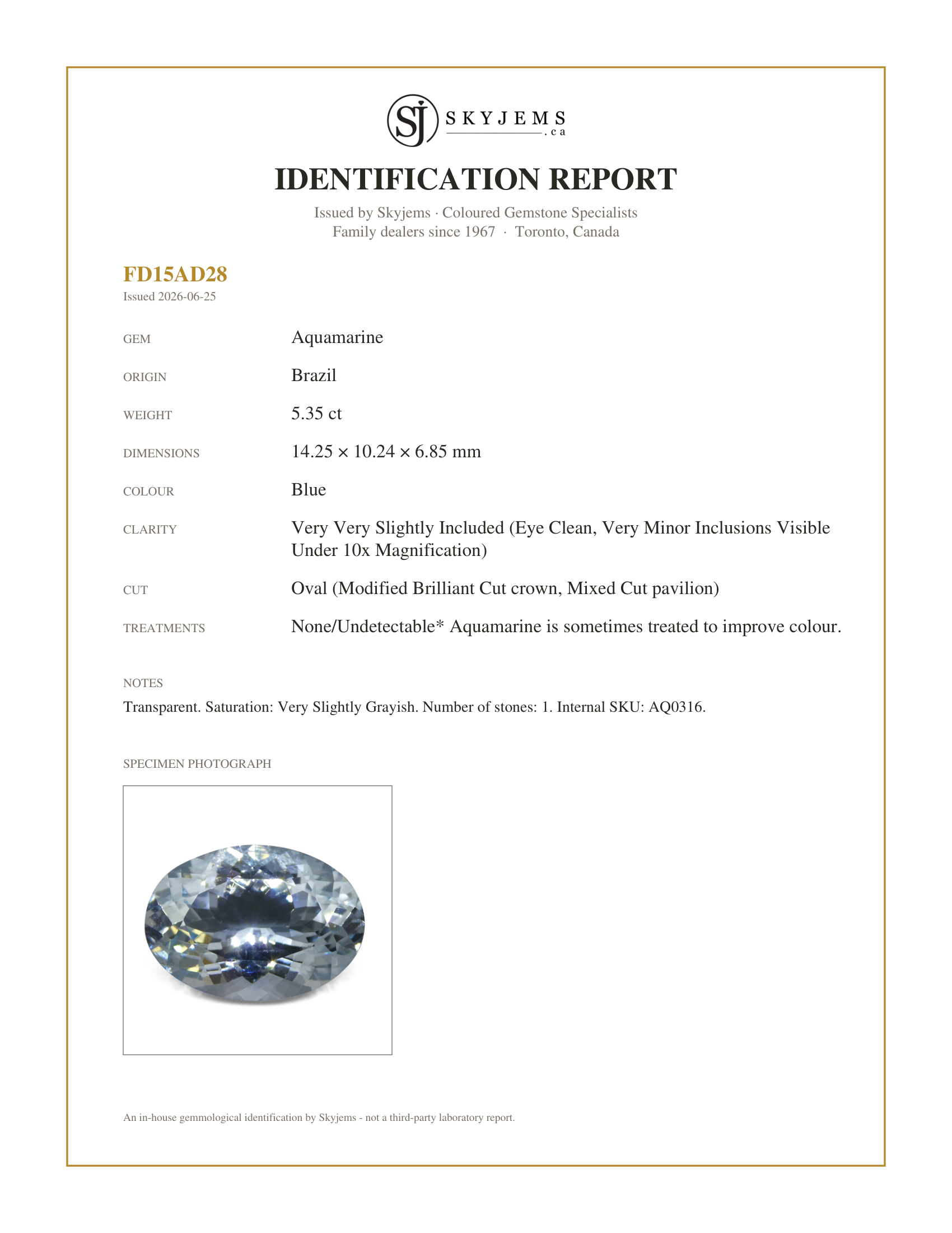 Skyjems Identification Report for AQ0316 — 5.35ct Oval Blue Aquamarine