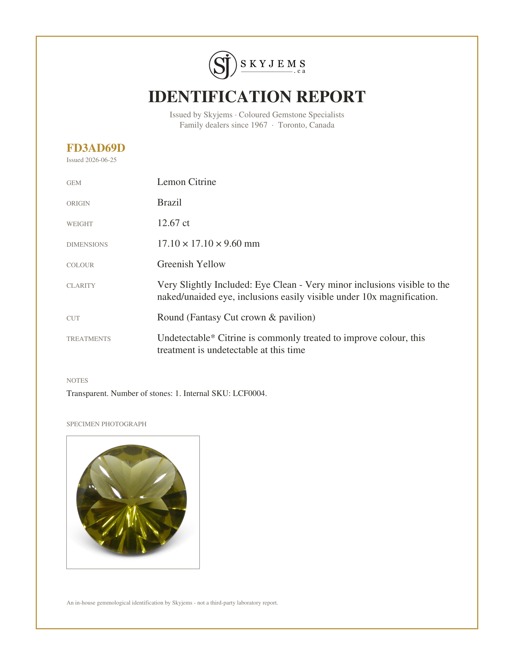 Skyjems Identification Report for LCF0004 — 12.67ct Round Lemon Citrine Fantasy/Fancy Cut