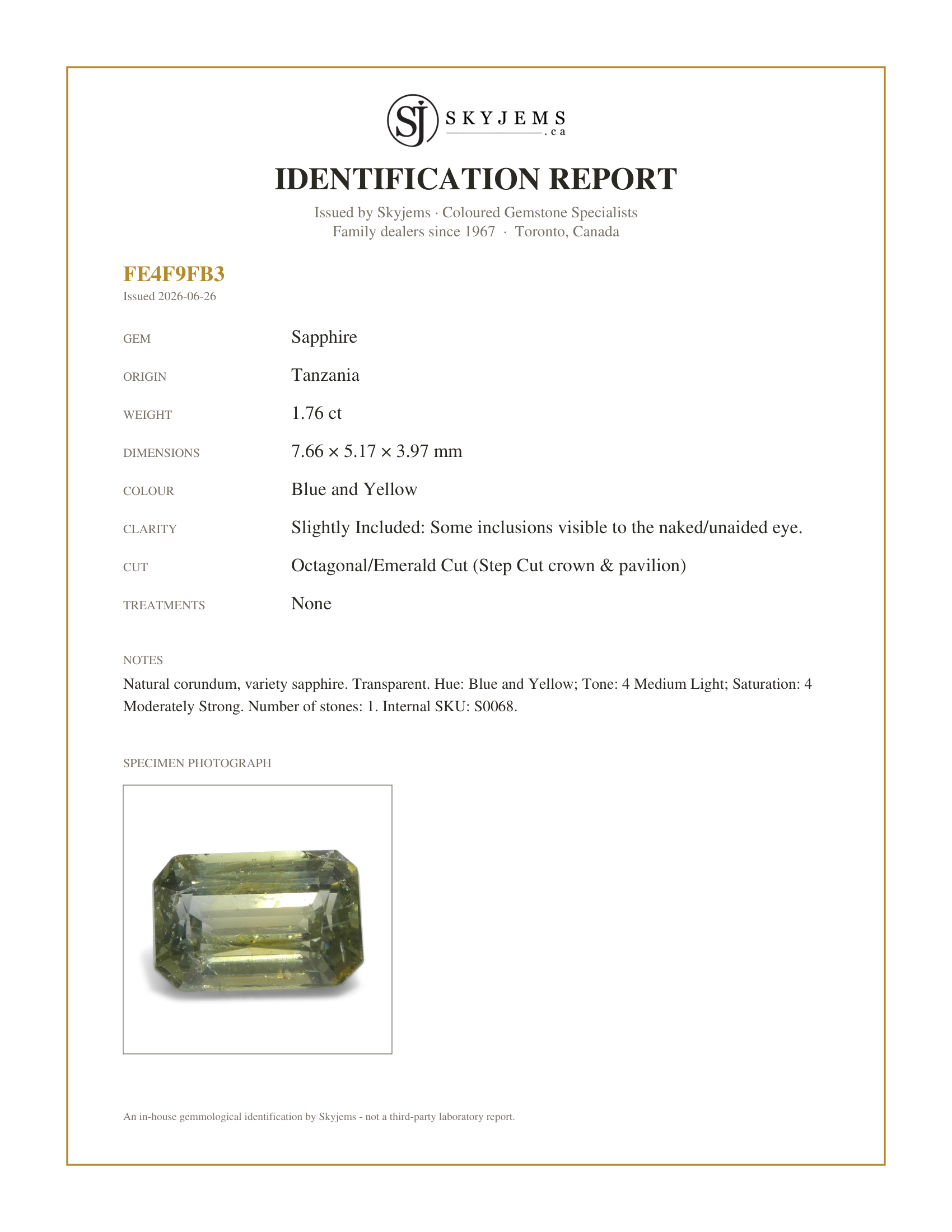 Skyjems Identification Report for S0068 — 1.76ct Octagonal/Emerald Cut Blue and Yellow Sapphire from Tanzania, Unheated