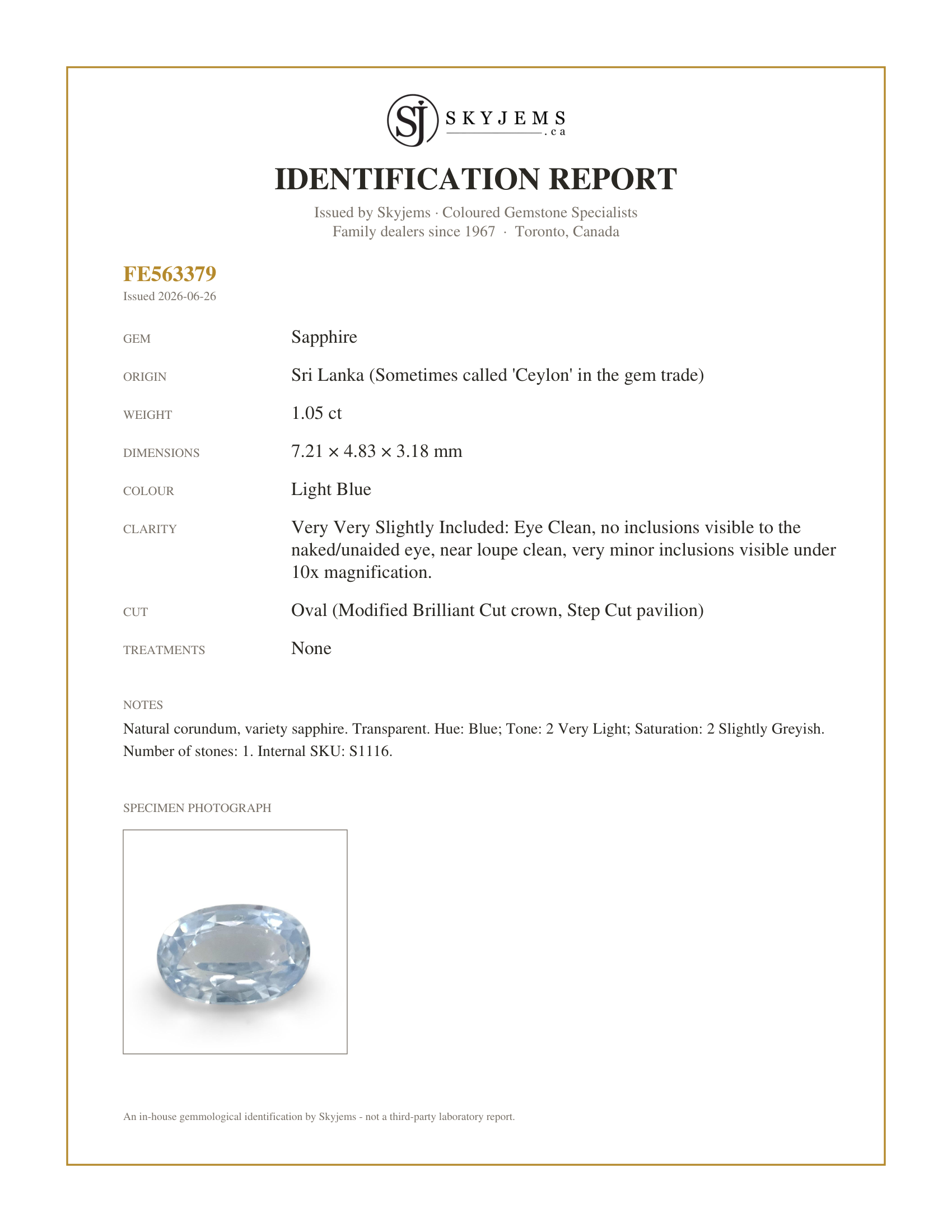 Skyjems Identification Report for S1116 — 1.05ct Oval Icy Blue Sapphire from Sri Lanka Unheated