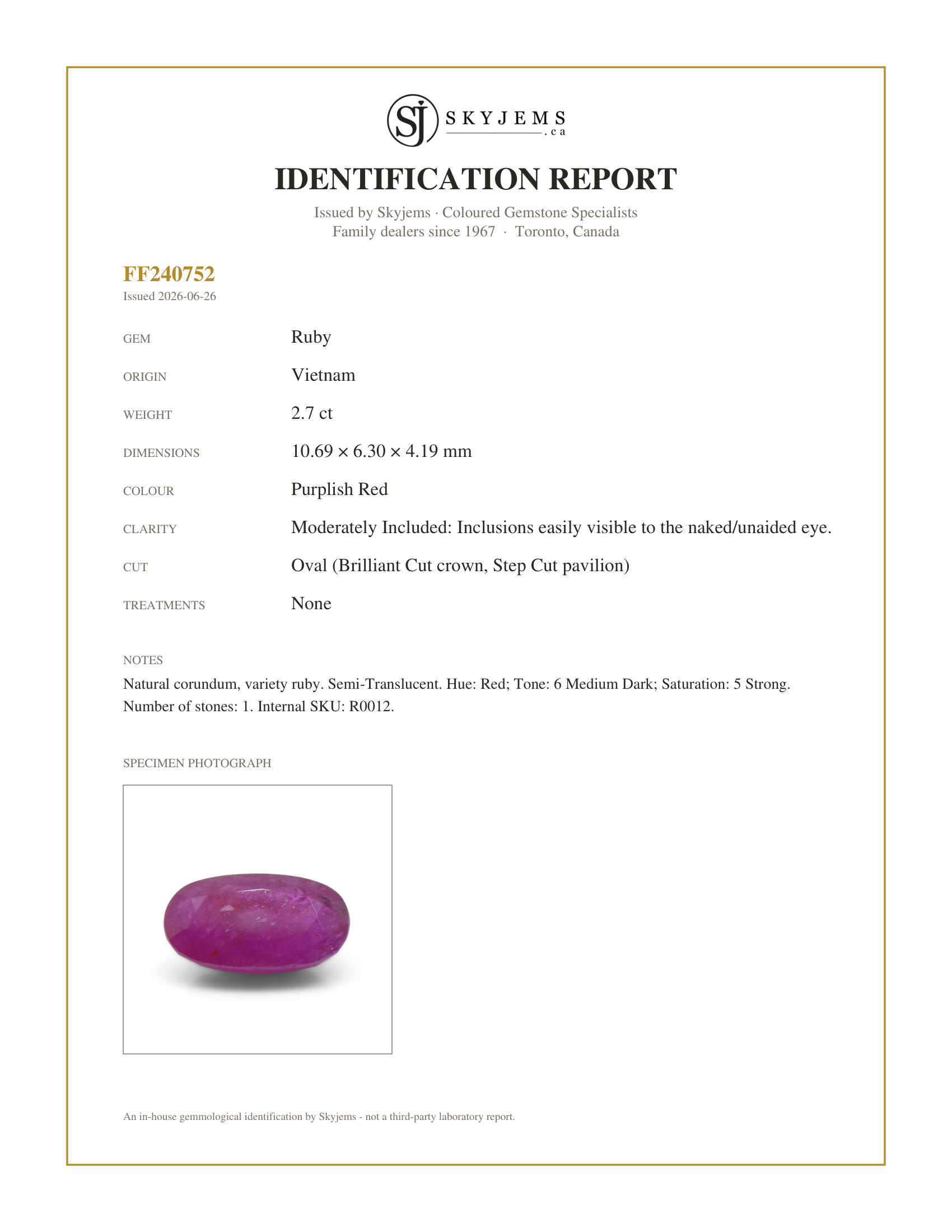 Skyjems Identification Report for R0012 — 2.7ct Oval Red Ruby from Vietnam