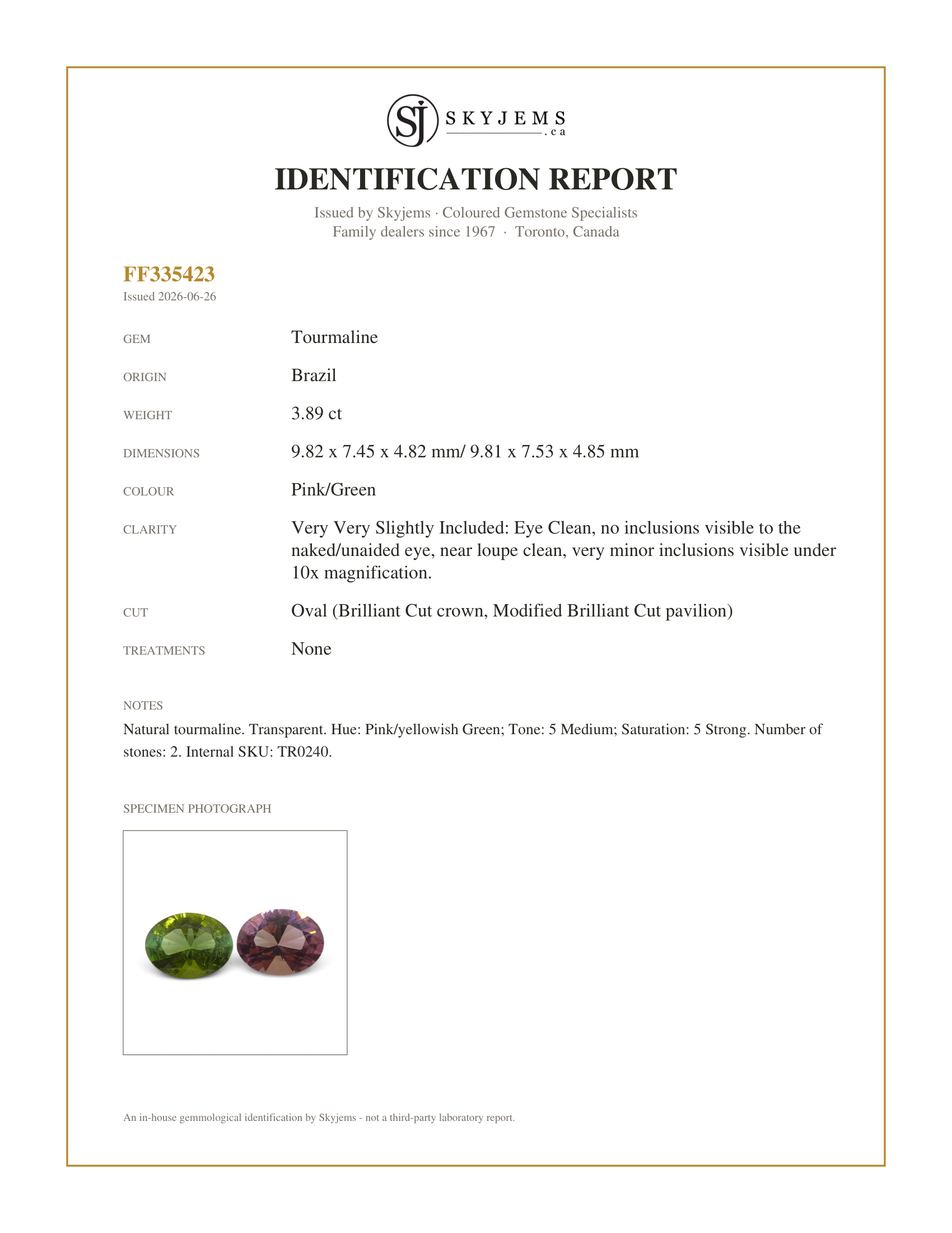 Skyjems Identification Report for TR0240 — 3.89ct Pair Oval Pink/Green Tourmaline