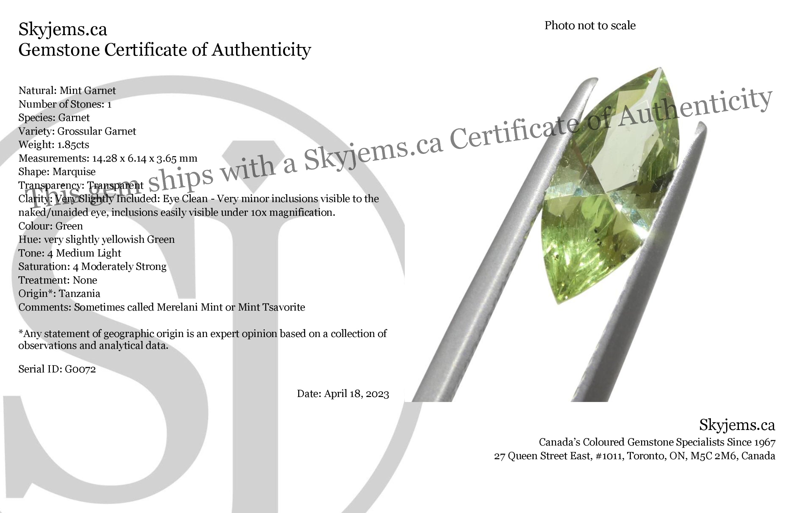 1.85ct Marquise Mint Green Tsavorite Garnet from Tanzania, rare gemstone by SkyJems Canadian gem specialists