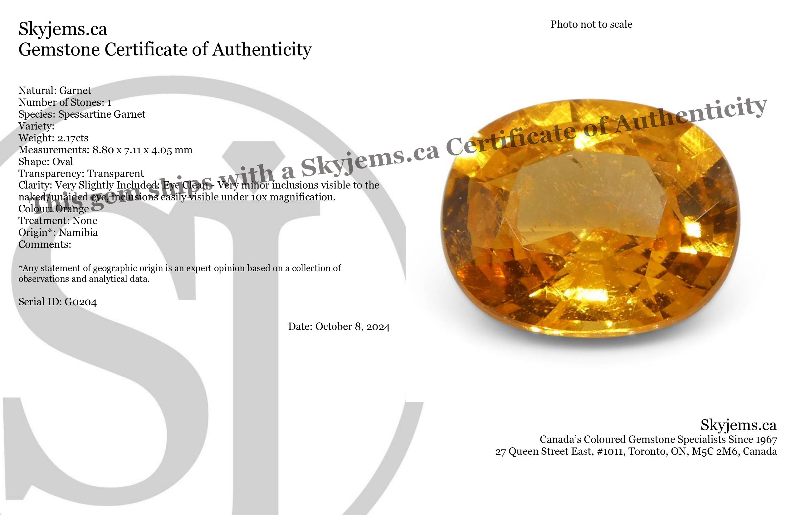 2.17ct Oval Fanta Orange Mandarin Spessartite/Spessartine Garnet from Namibia - Skyjems Wholesale Gemstones