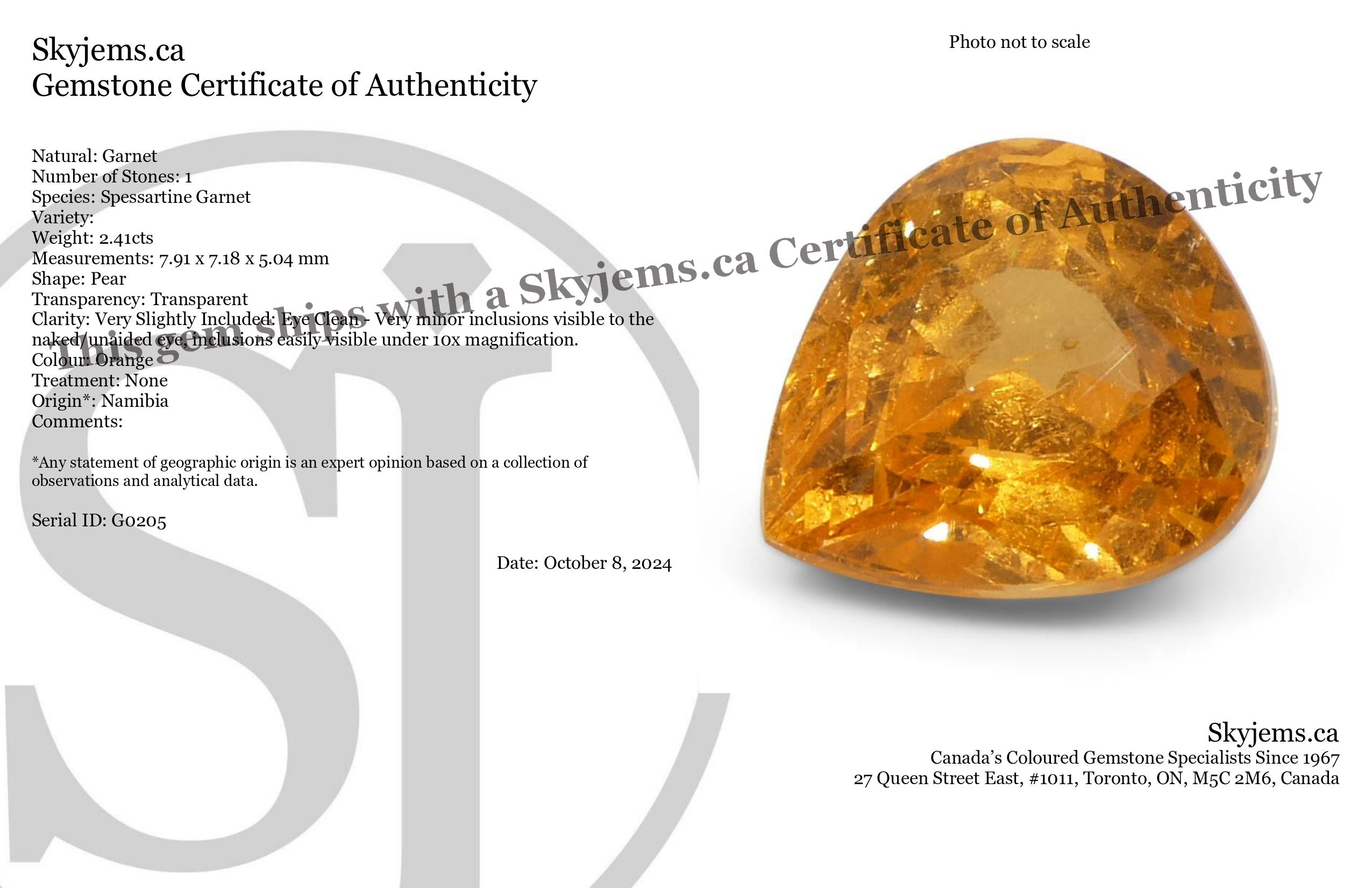 2.41ct Pear Fanta Orange Mandarin Spessartite/Spessartine Garnet from Namibia - Skyjems Wholesale Gemstones