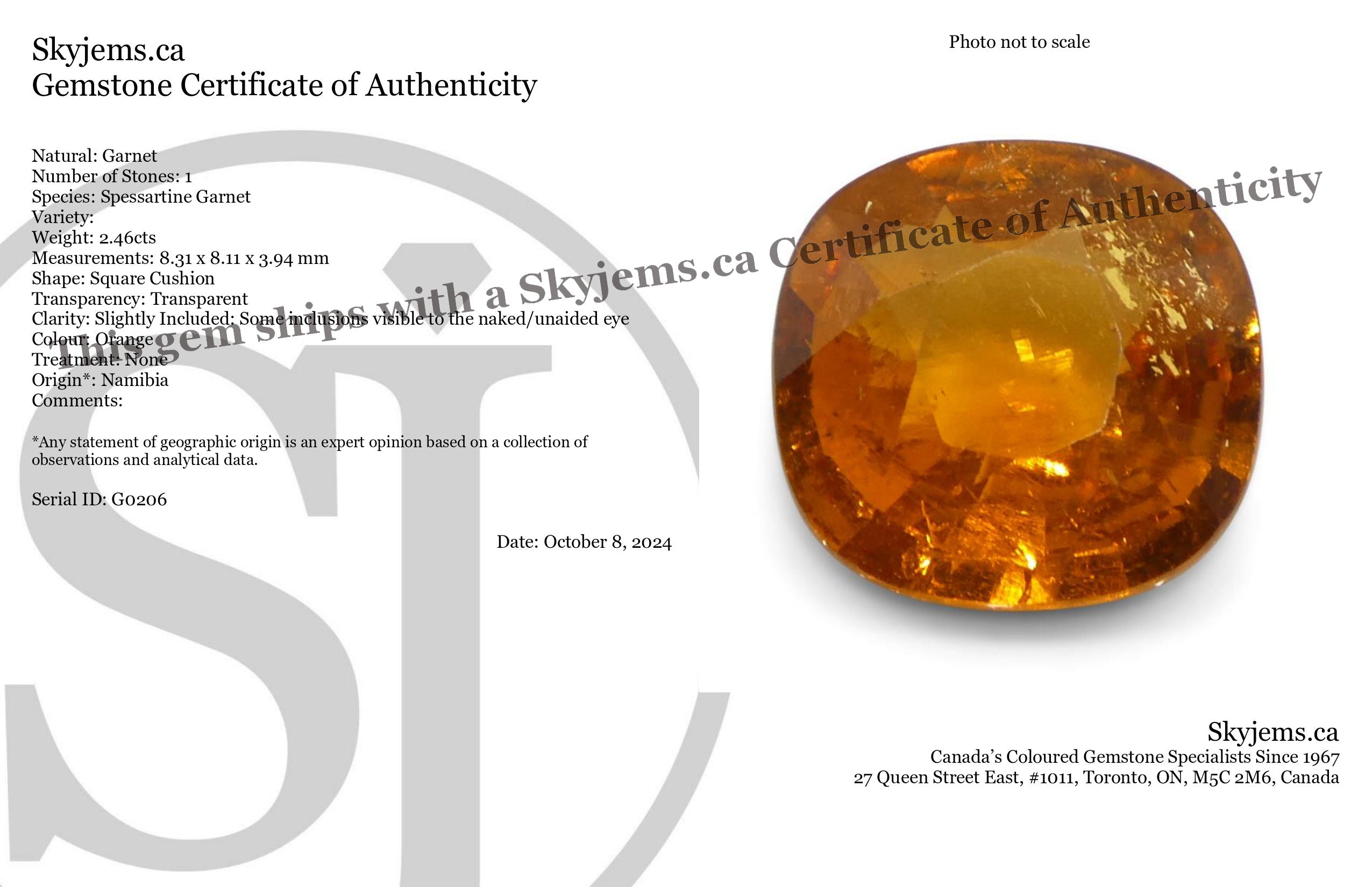 2.46ct Square Cushion Fanta Orange Mandarin Spessartite/Spessartine Garnet from Namibia - Skyjems Wholesale Gemstones