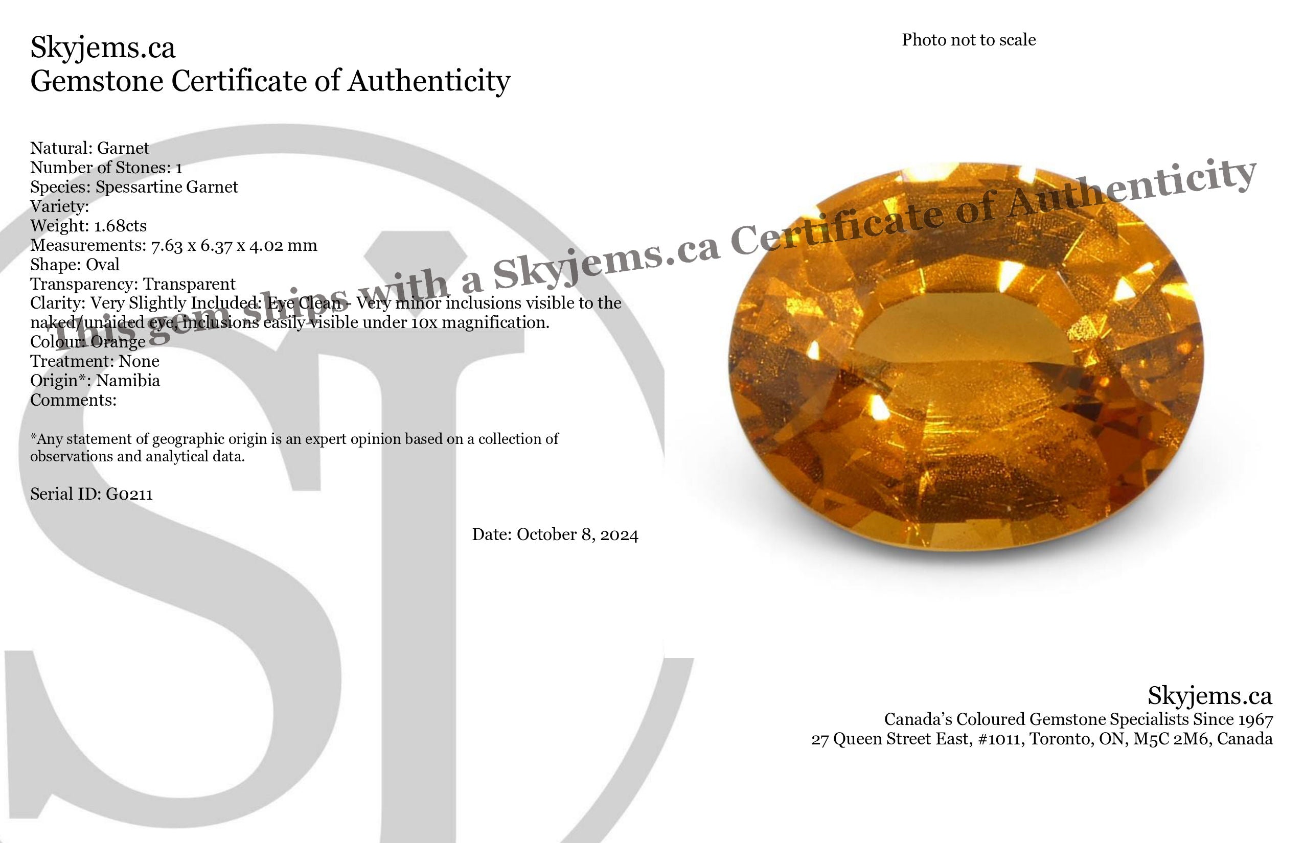 1.68ct Oval Fanta Orange Mandarin Spessartite/Spessartine Garnet from Namibia - Skyjems Wholesale Gemstones