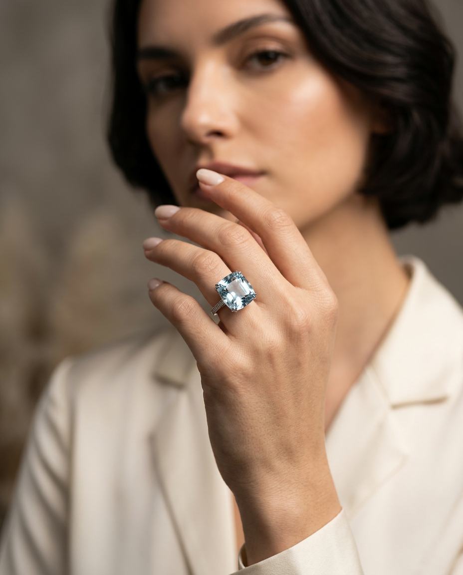 30.48 carat Brazilian Greenish Blue Aquamarine Cushion Cut, GIA Certified Natural Unheated Gemstone by SkyJems