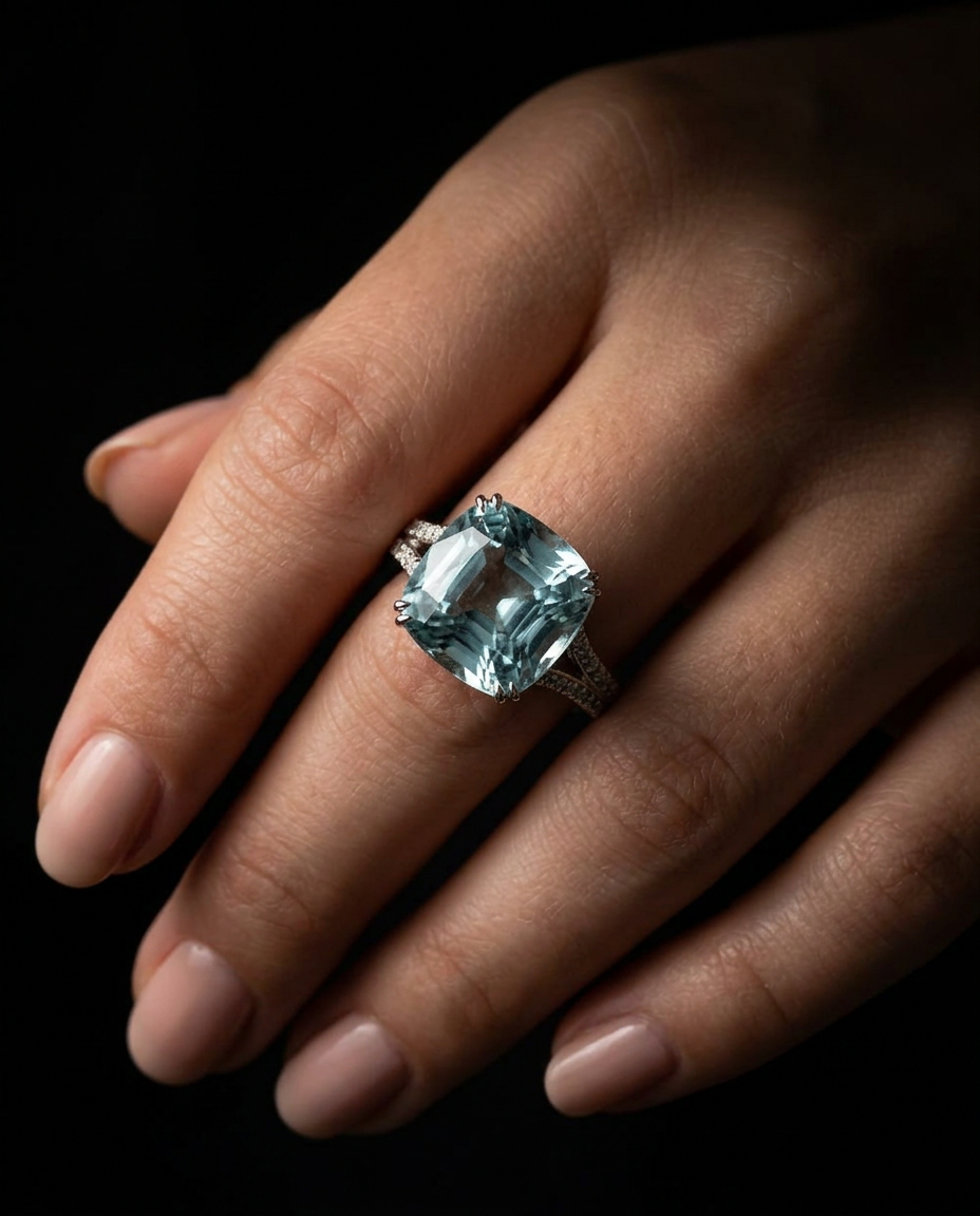 30.48ct cushion greenish blue aquamarine, unheated GIA certified, eye clean — Skyjems